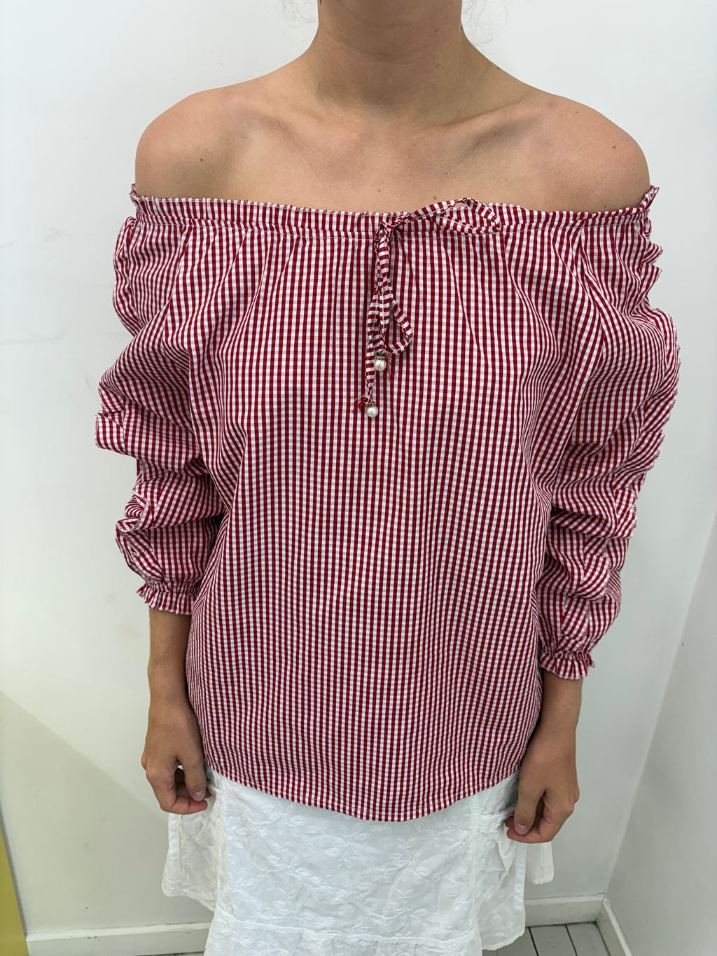 Red Gingham Off-Shoulder Puff Sleeve Blouse Vintage Y2K