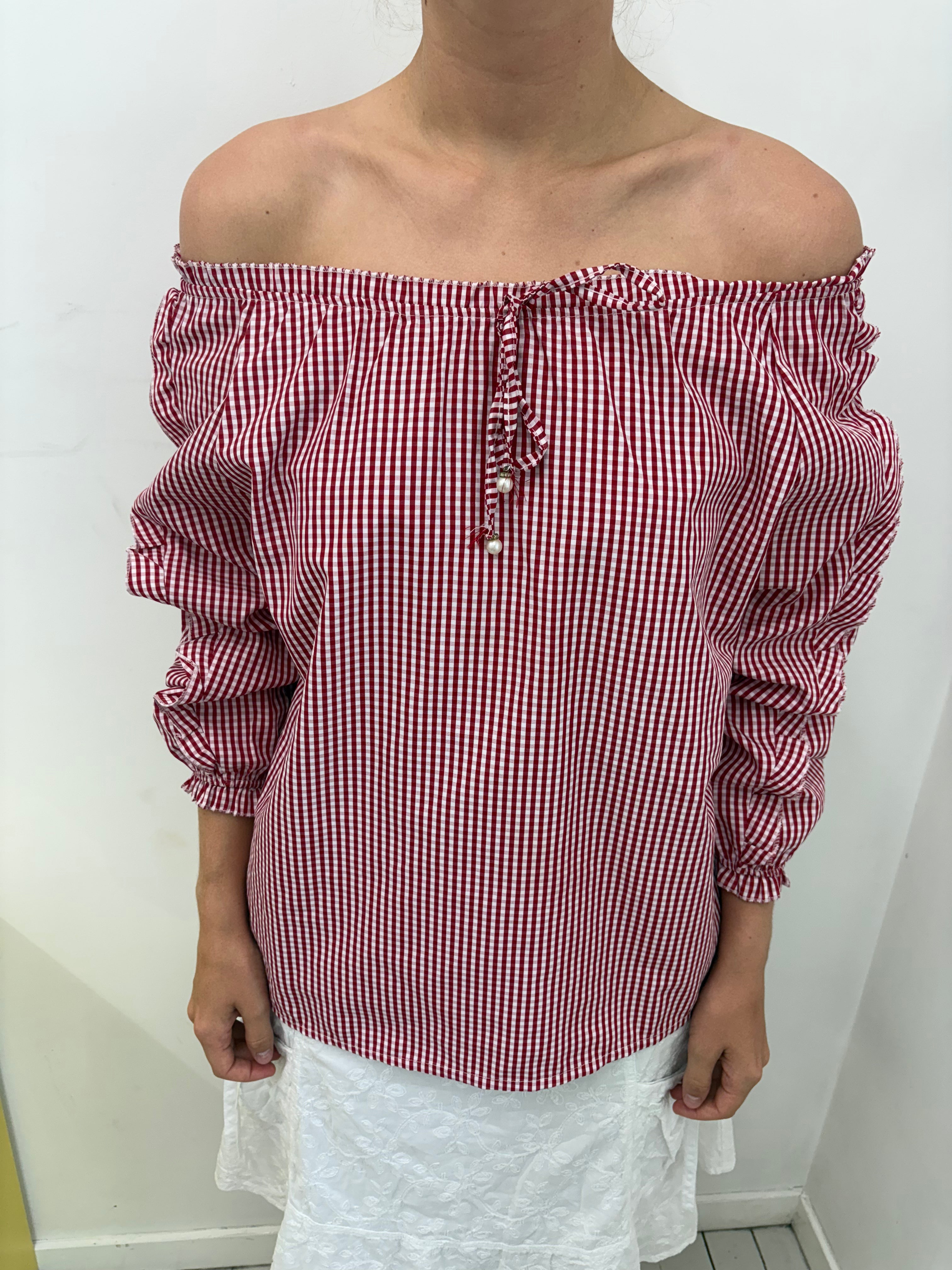 Red Gingham Off-Shoulder Puff Sleeve Blouse Vintage Y2K