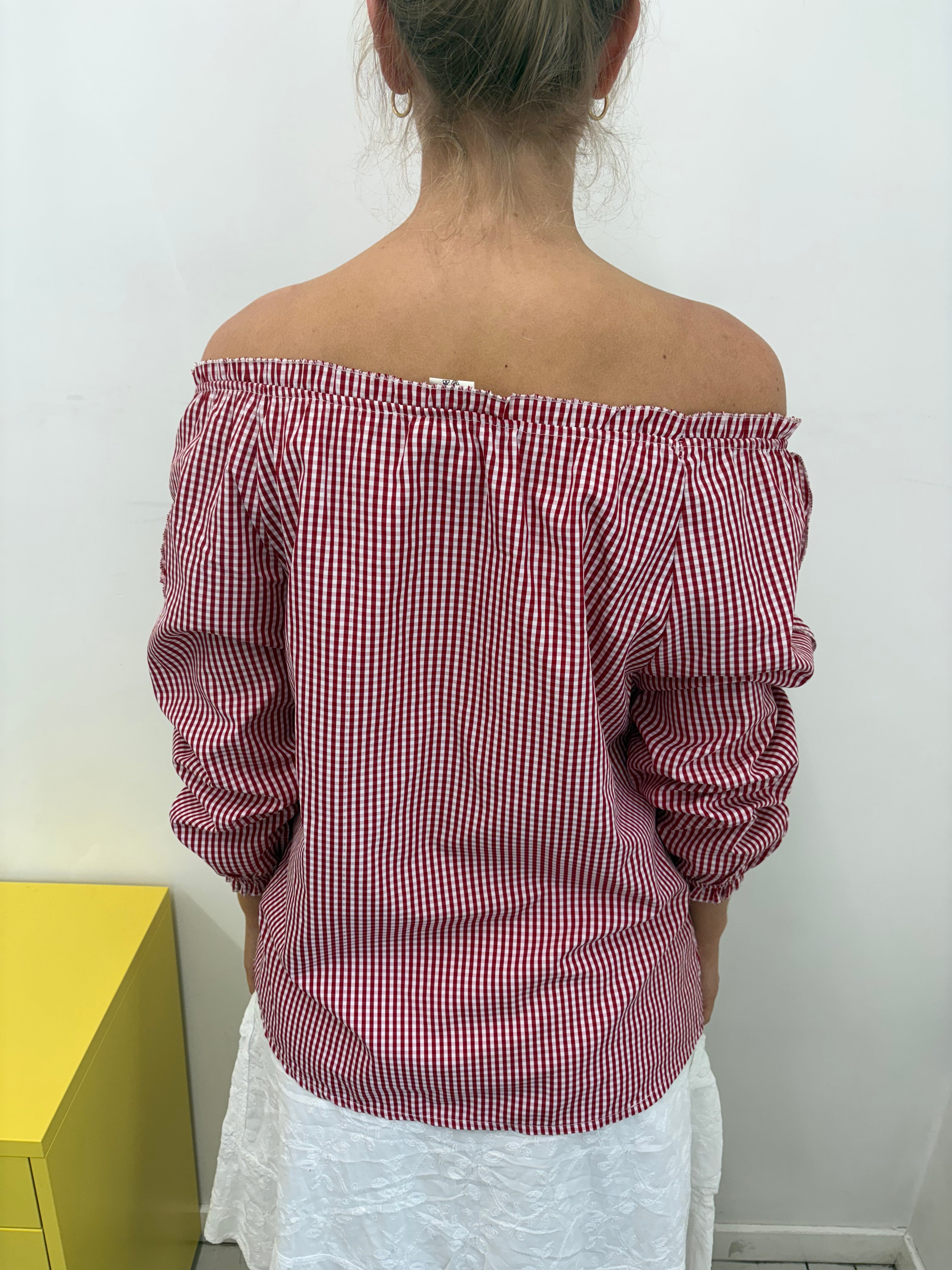 Red Gingham Off-Shoulder Puff Sleeve Blouse Vintage Y2K