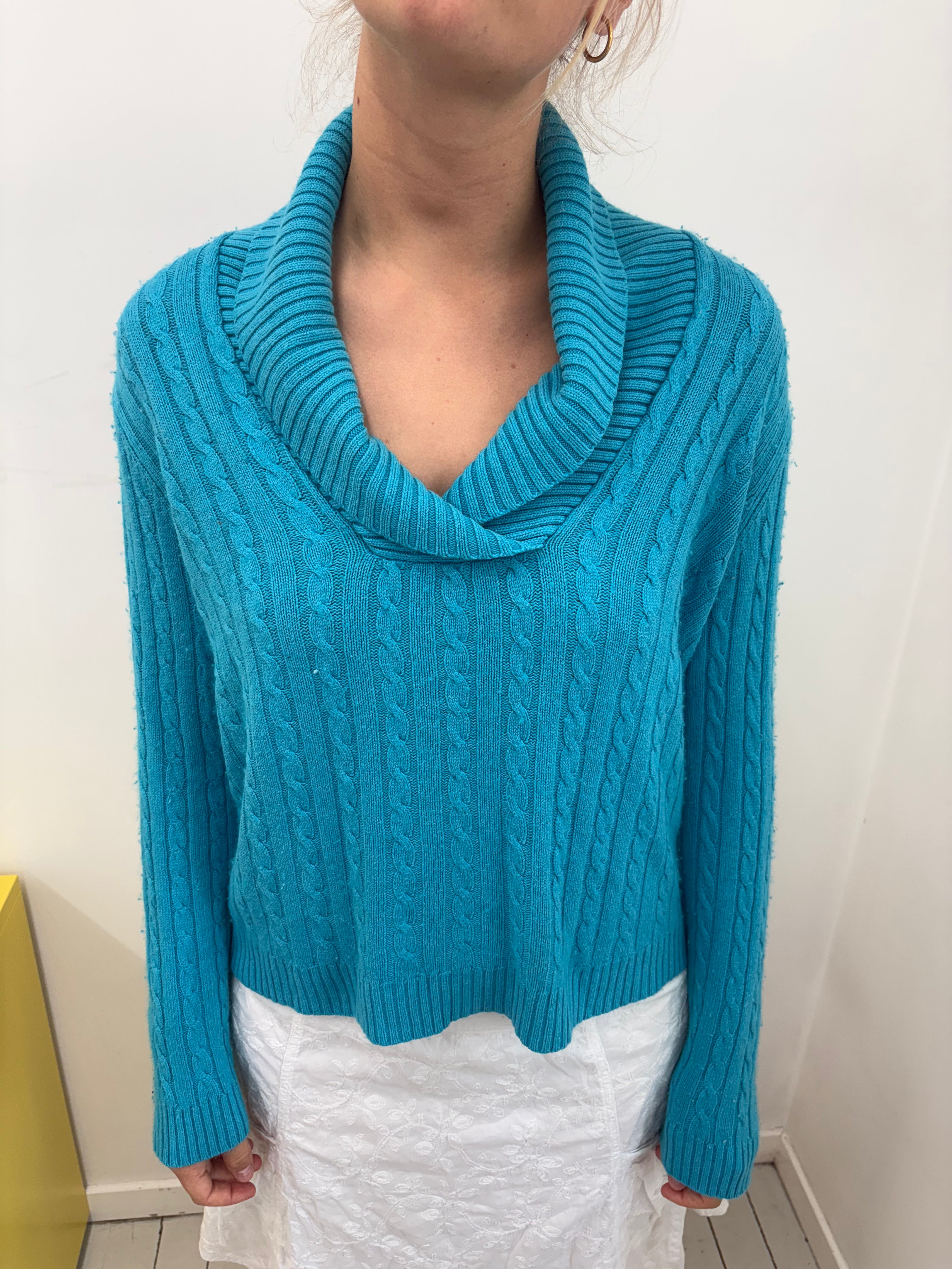 Turquoise Cable Knit Cowl Neck Sweater