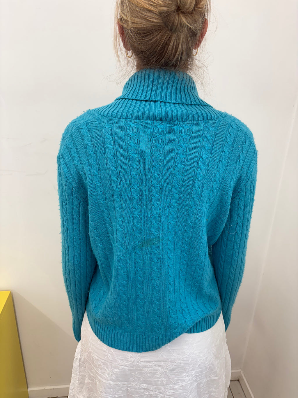 Turquoise Cable Knit Cowl Neck Sweater