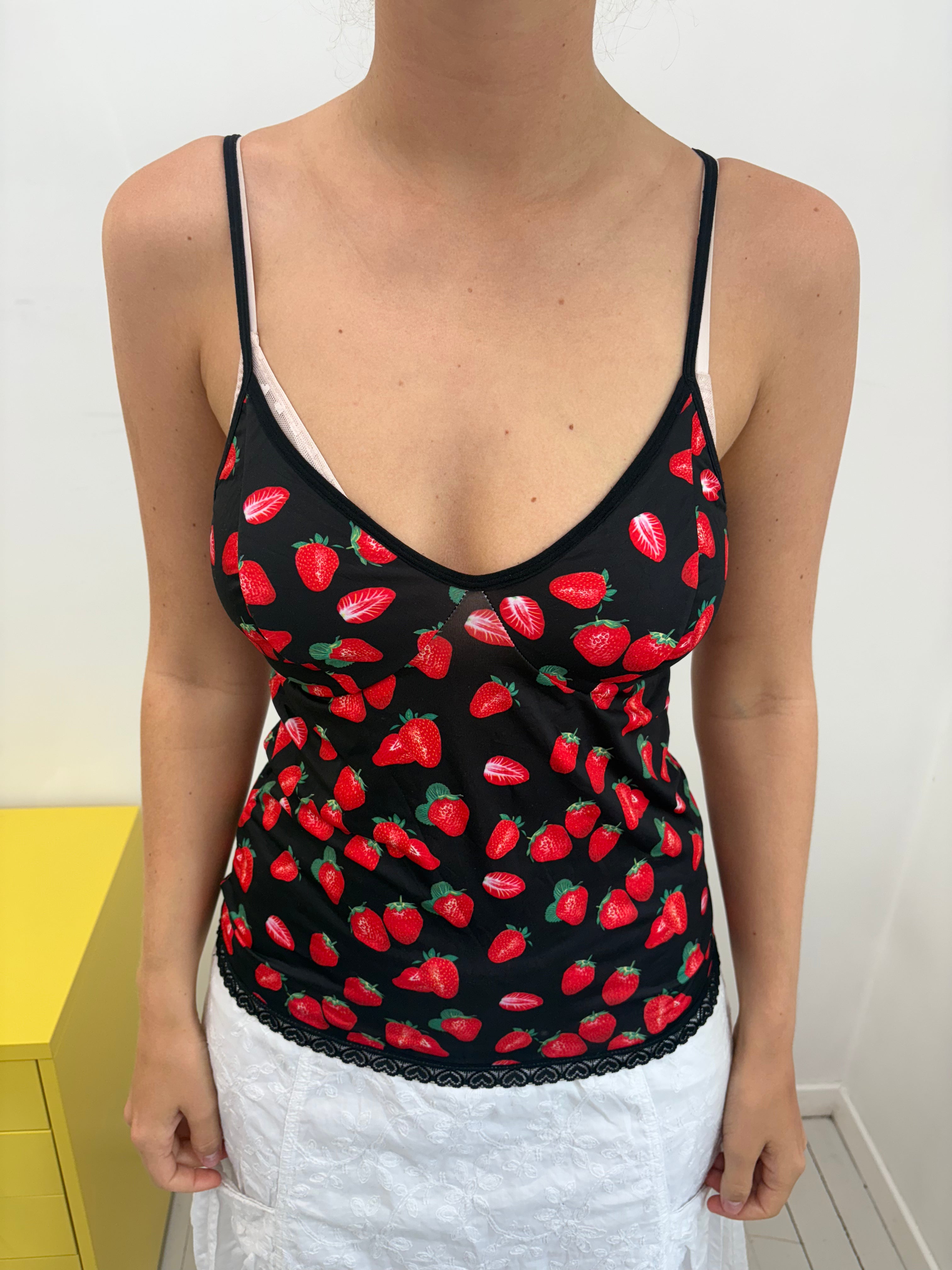 Black Strawberry Print Lace Hem Cami Top