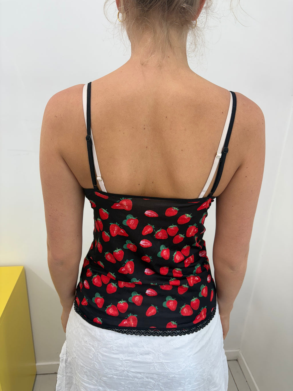 Black Strawberry Print Lace Hem Cami Top