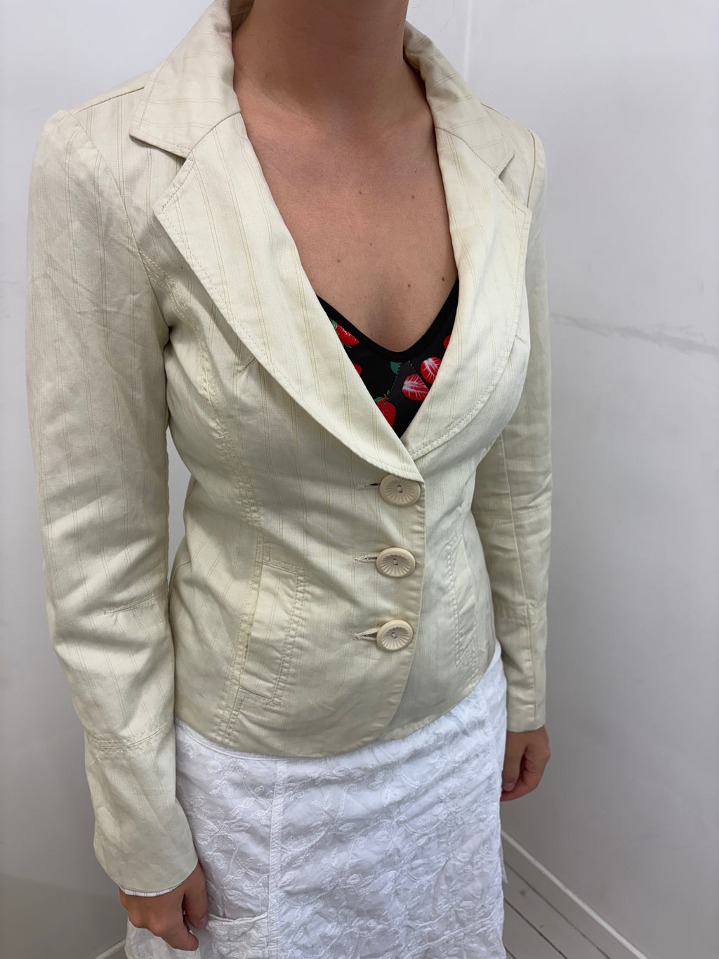 Cream Pinstripe Fitted Three-Button Vintage Blazer