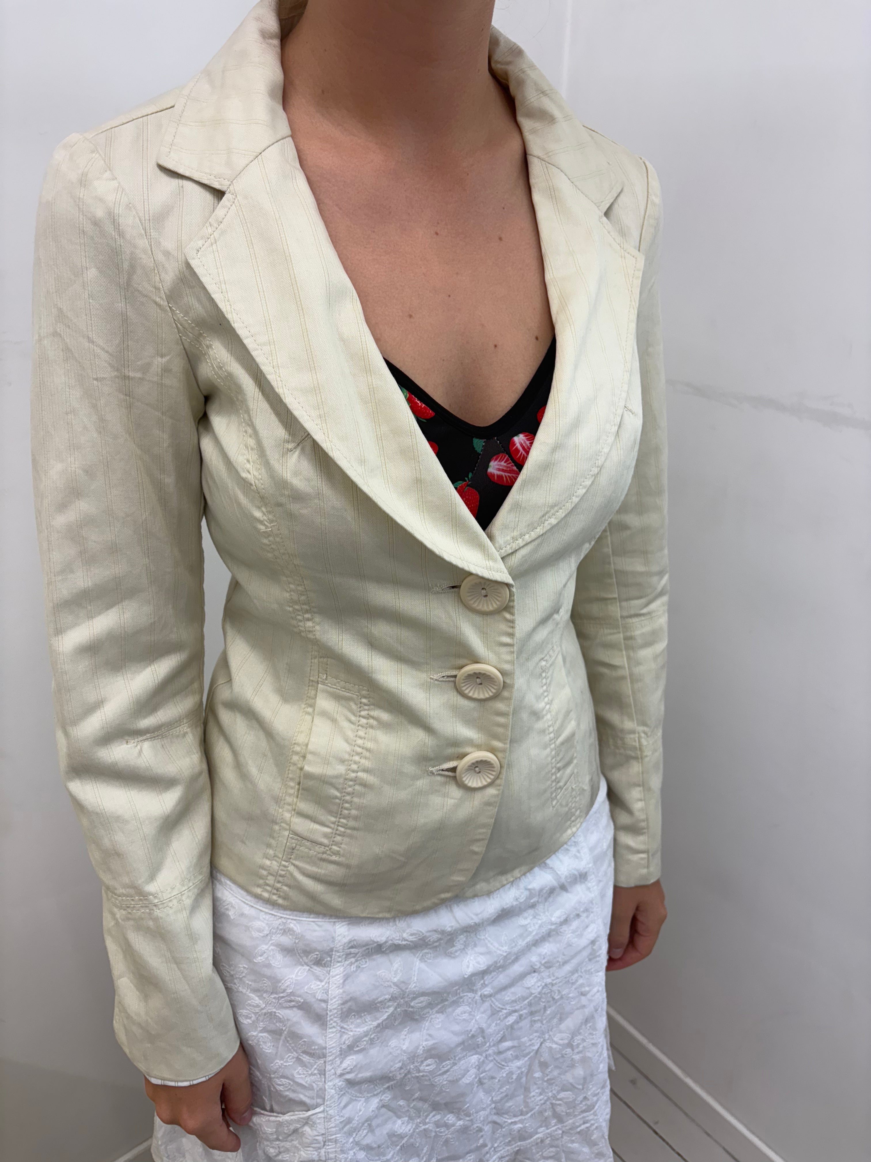 Cream Pinstripe Fitted Three-Button Vintage Blazer