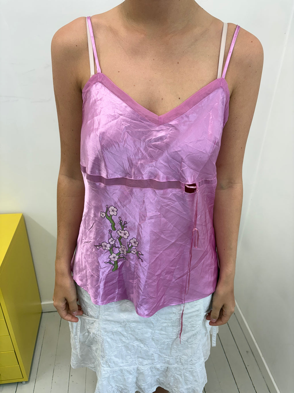 Pink Satin Cherry Blossom Embroidered Cami Top