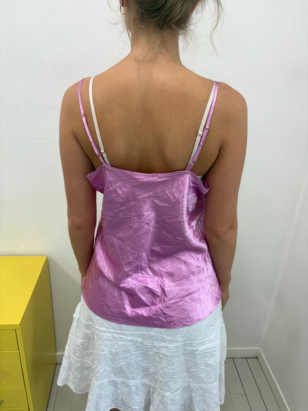 Pink Satin Cherry Blossom Embroidered Cami Top
