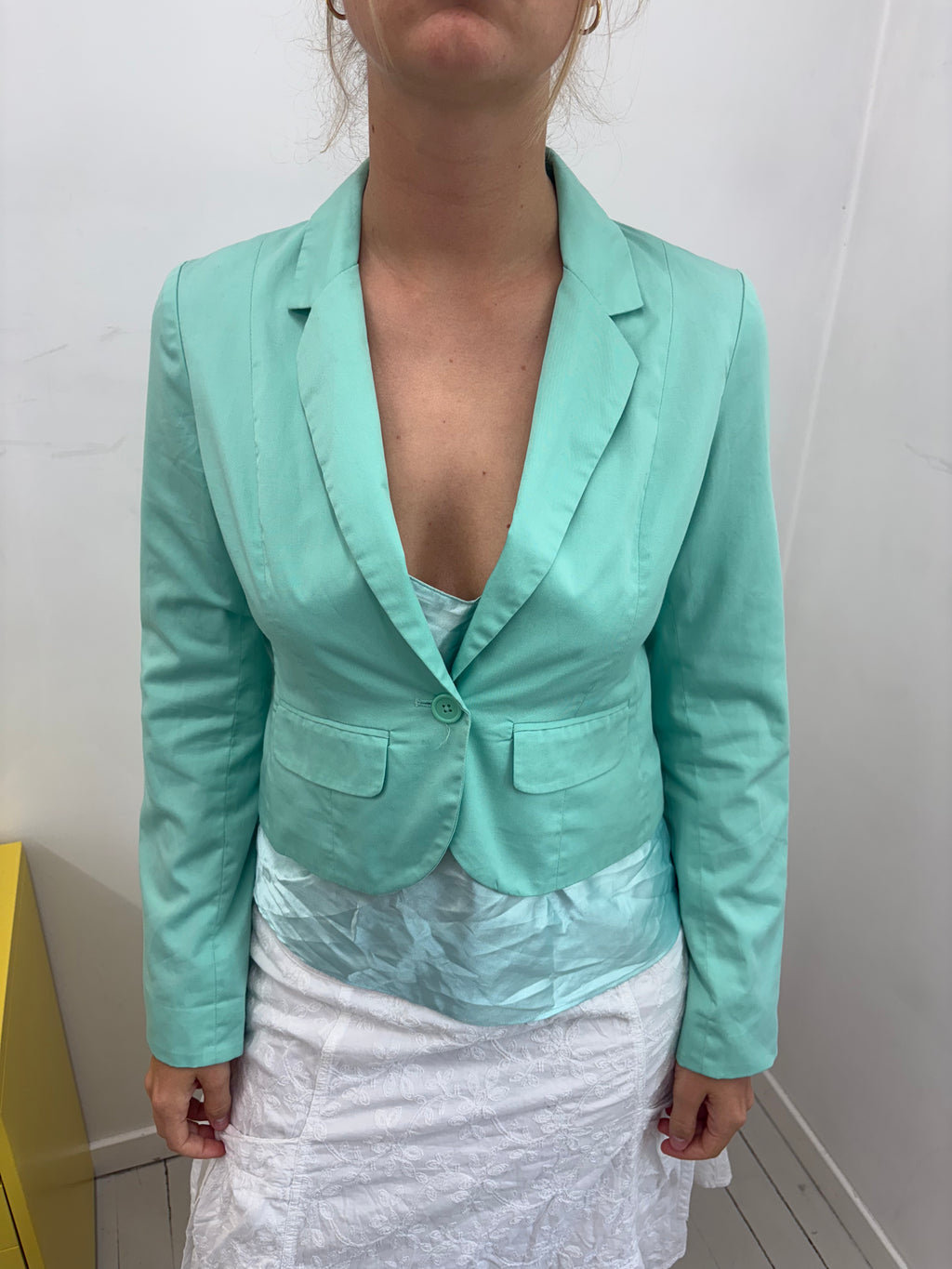 Mint Green Fitted Single-Button Cropped Blazer
