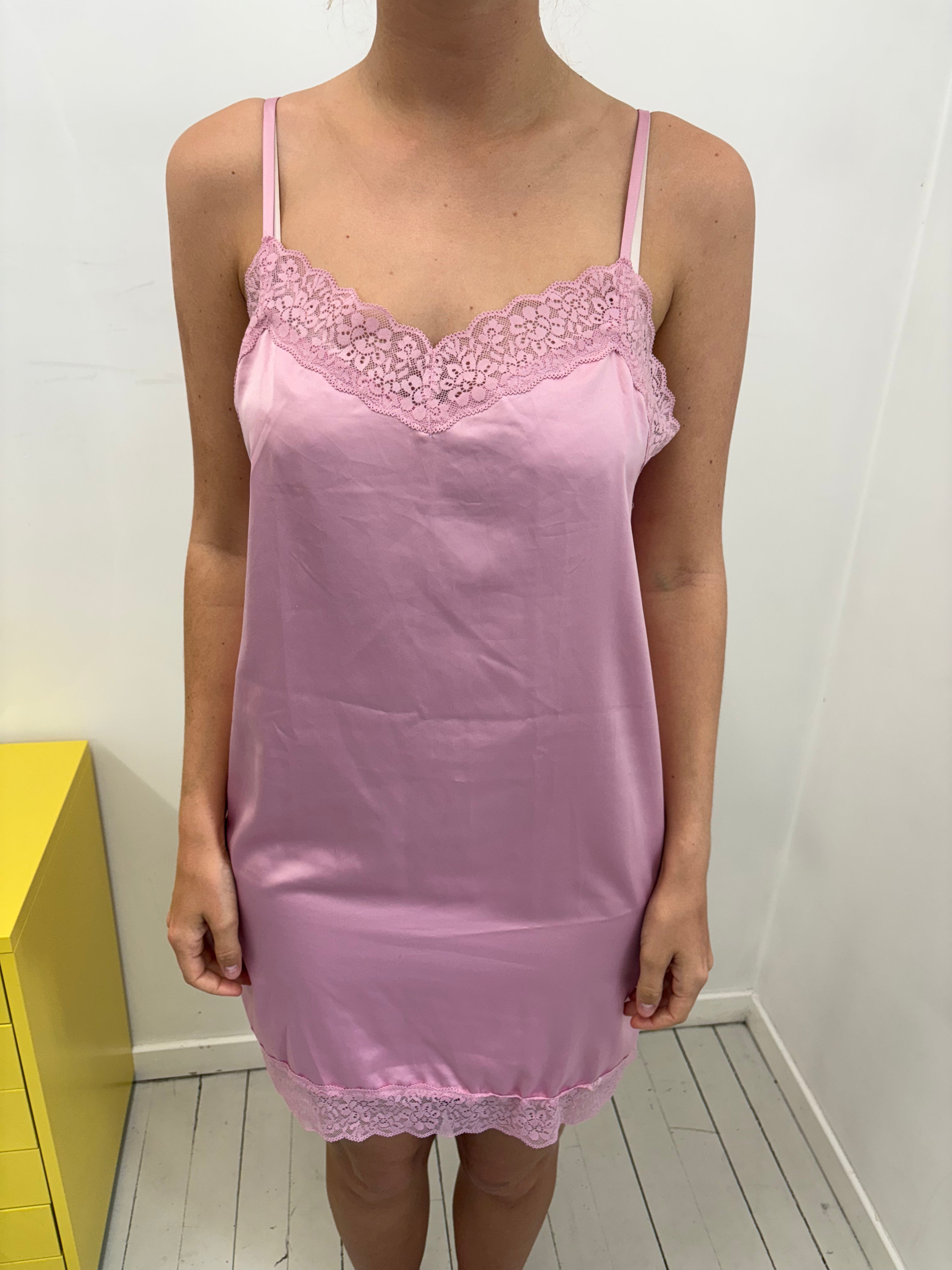 Pink Satin Lace Trim Slip Mini Dress