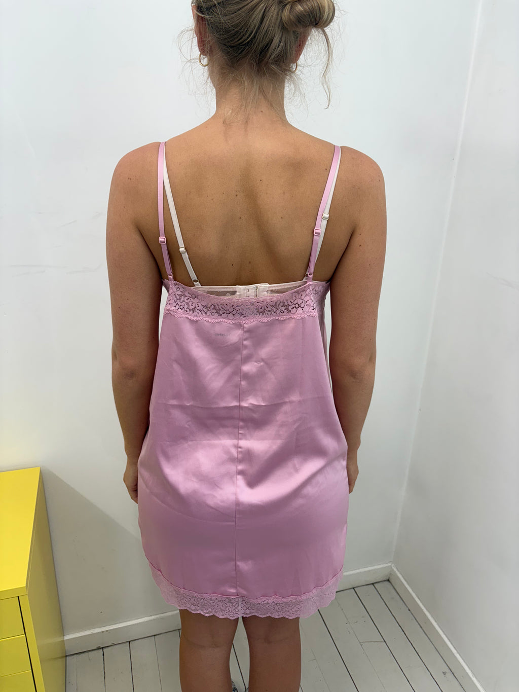 Pink Satin Lace Trim Slip Mini Dress