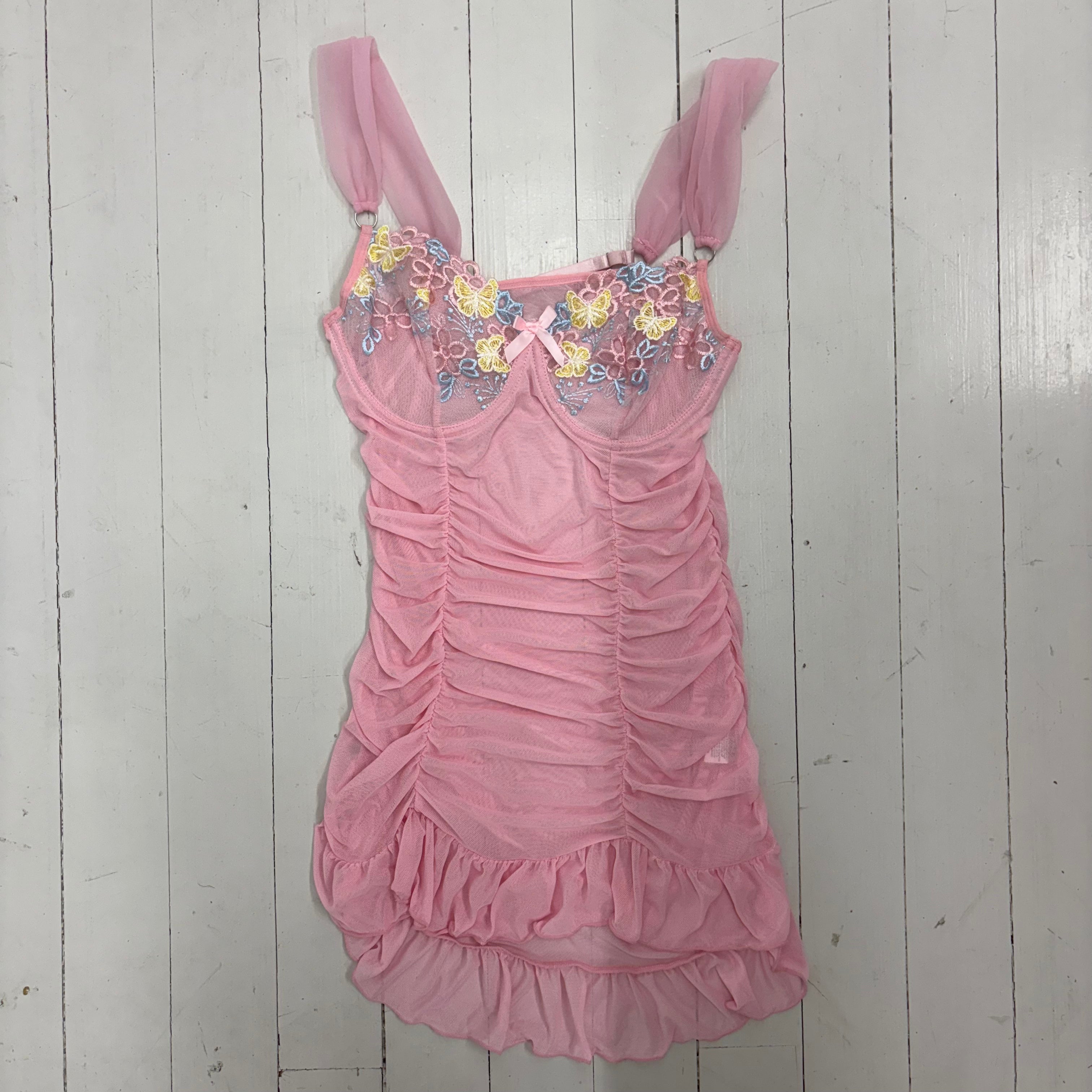 Pink Butterfly Mesh Ruched Slip Dress