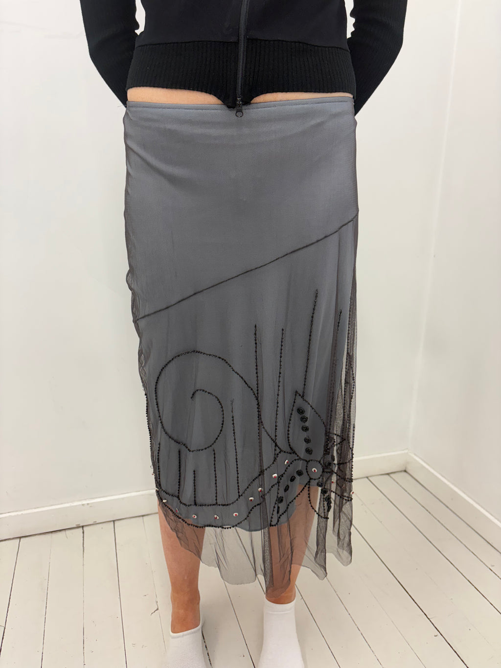 Sheer Beaded Mesh Y2K Midi Skirt