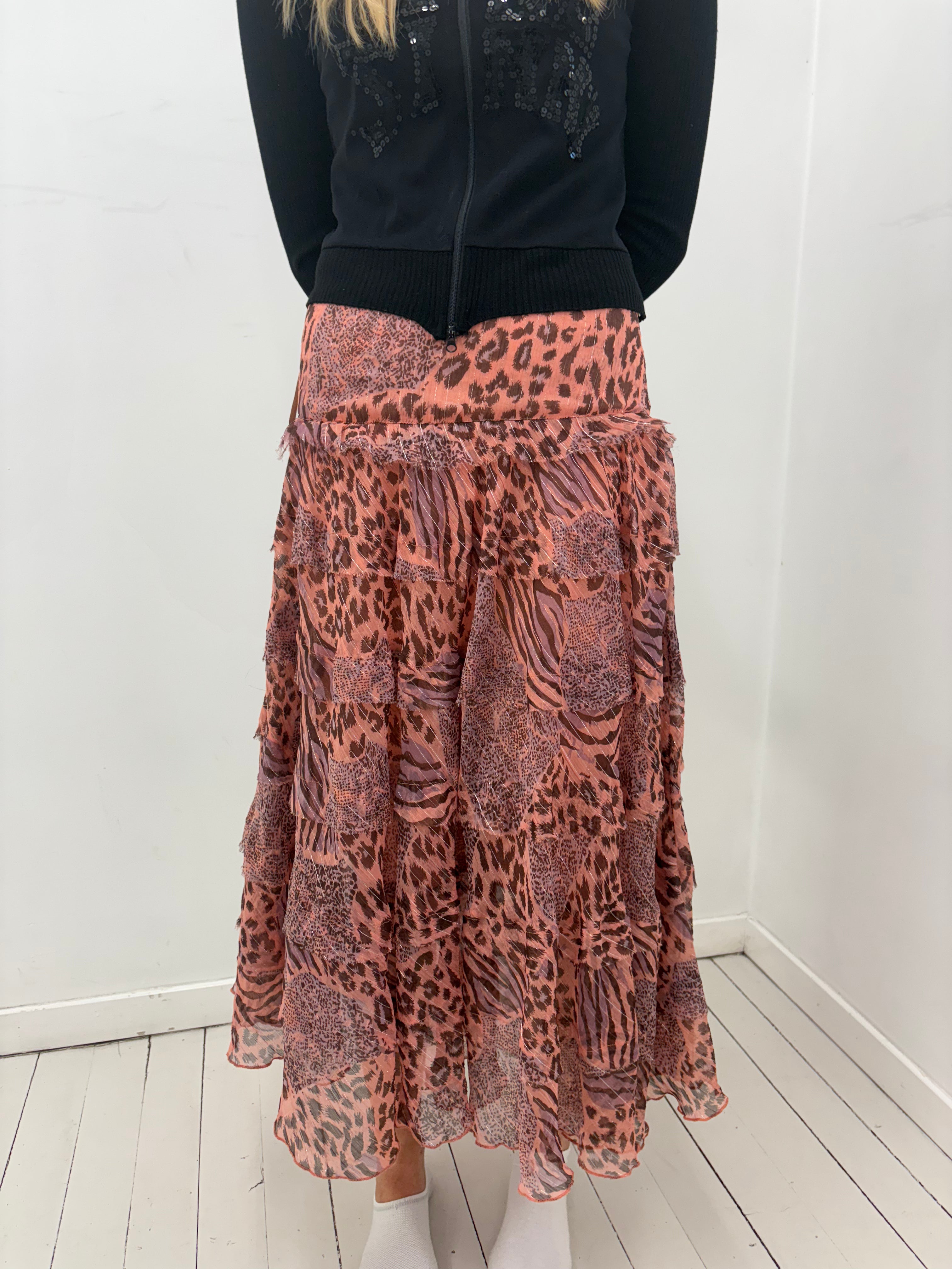 Patchwork Leopard Y2K Tiered Maxi Skirt