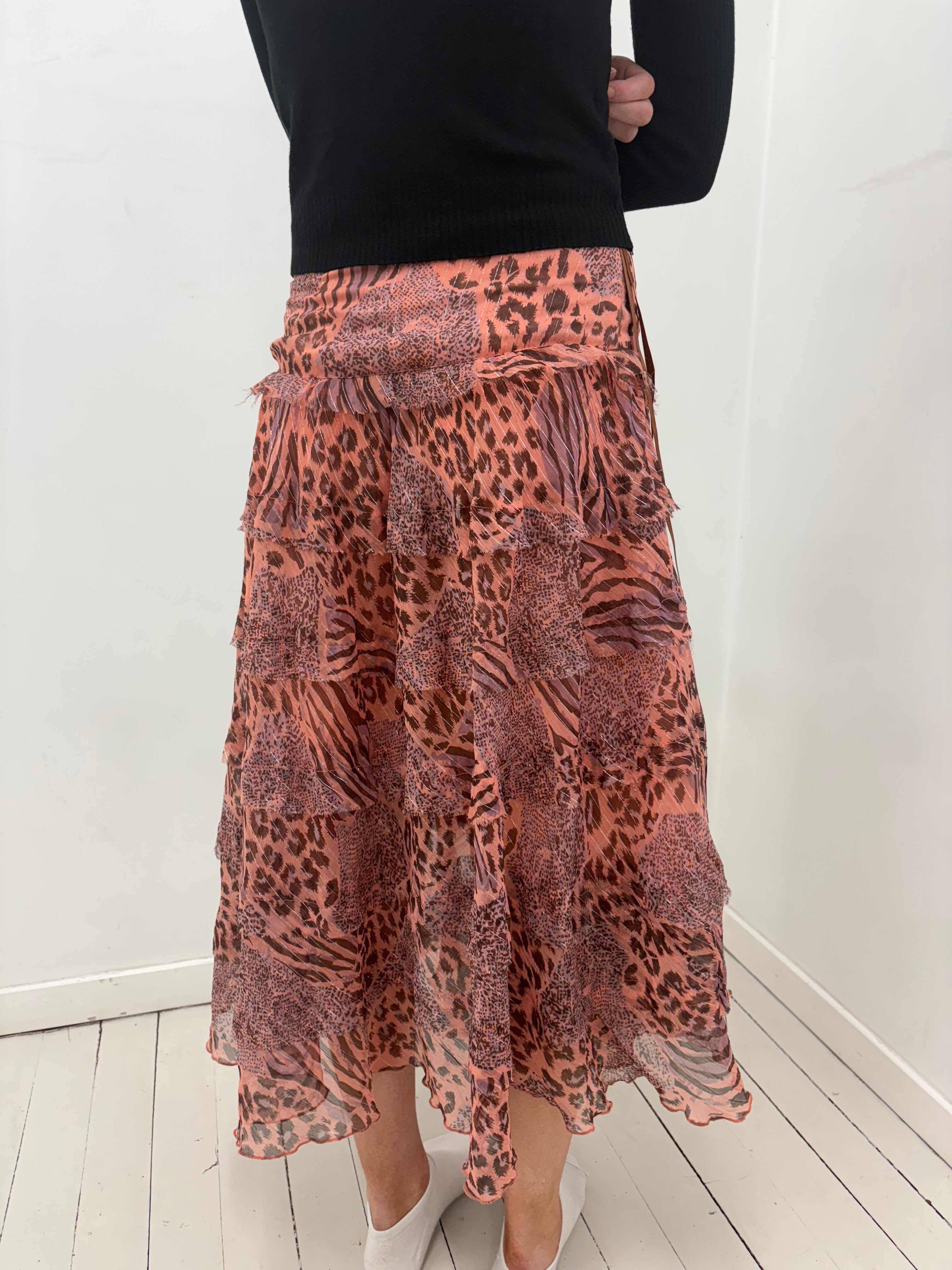 Patchwork Leopard Y2K Tiered Maxi Skirt