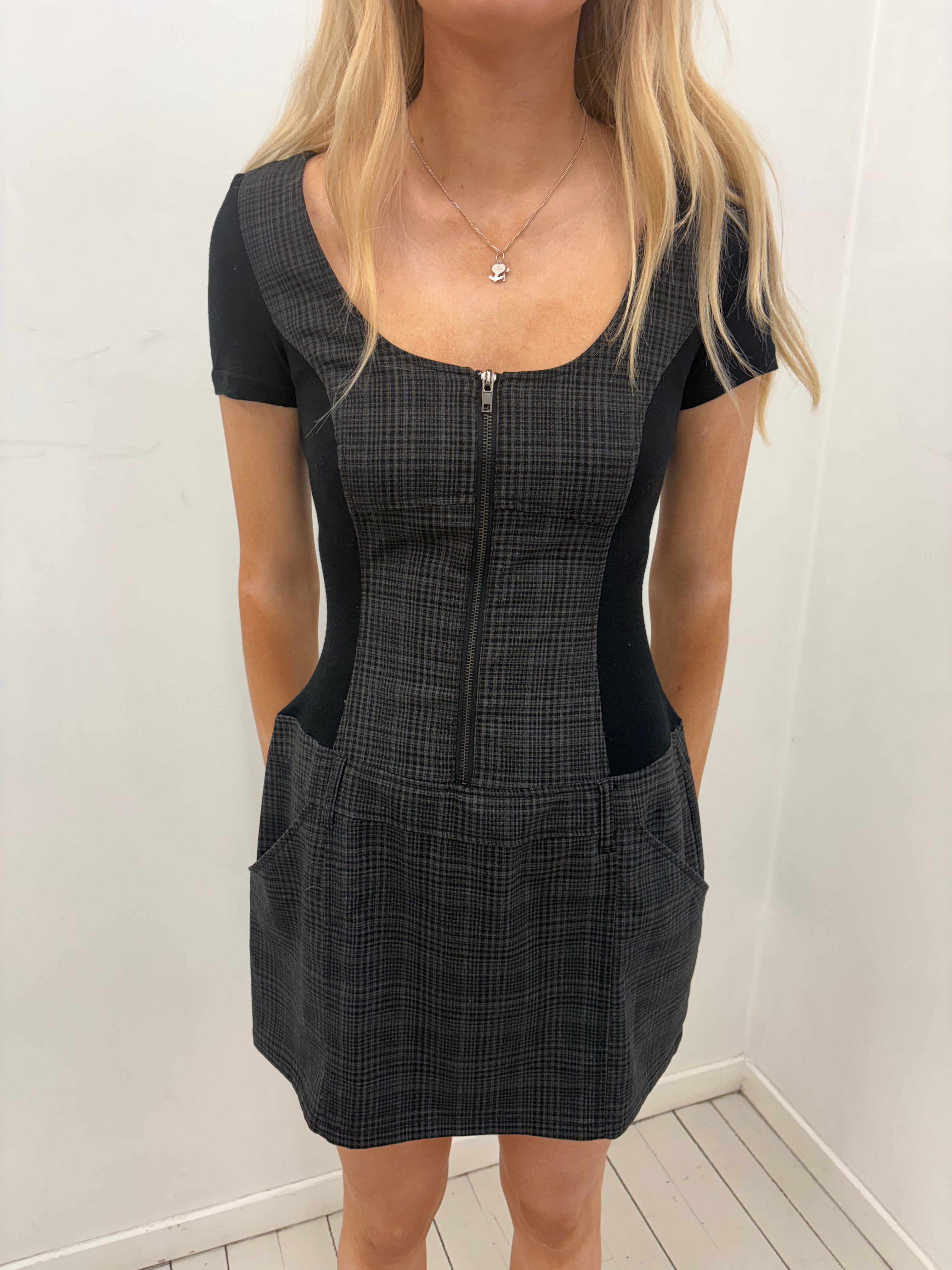 Grey Plaid Zip-Front Y2K Mini Dress