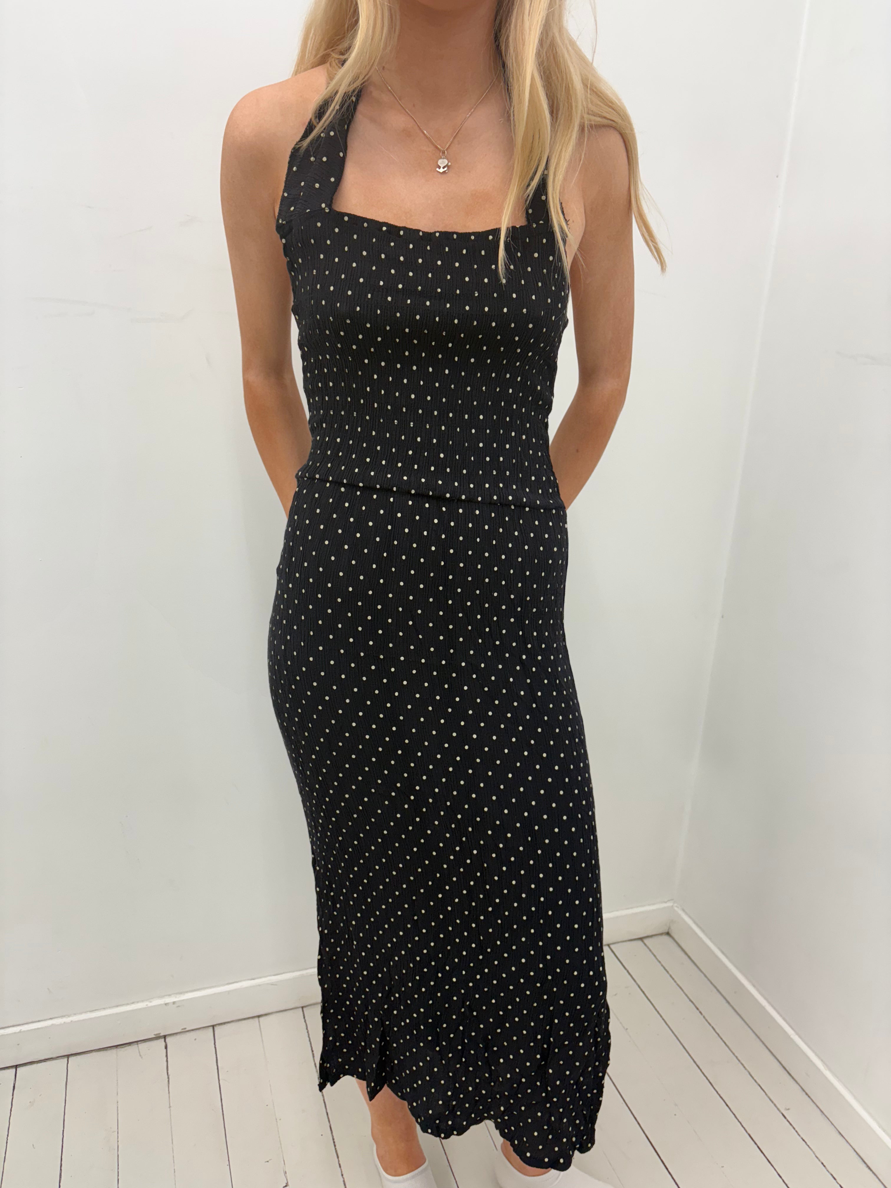 Black Polkadot Halter Y2K Midi Dress