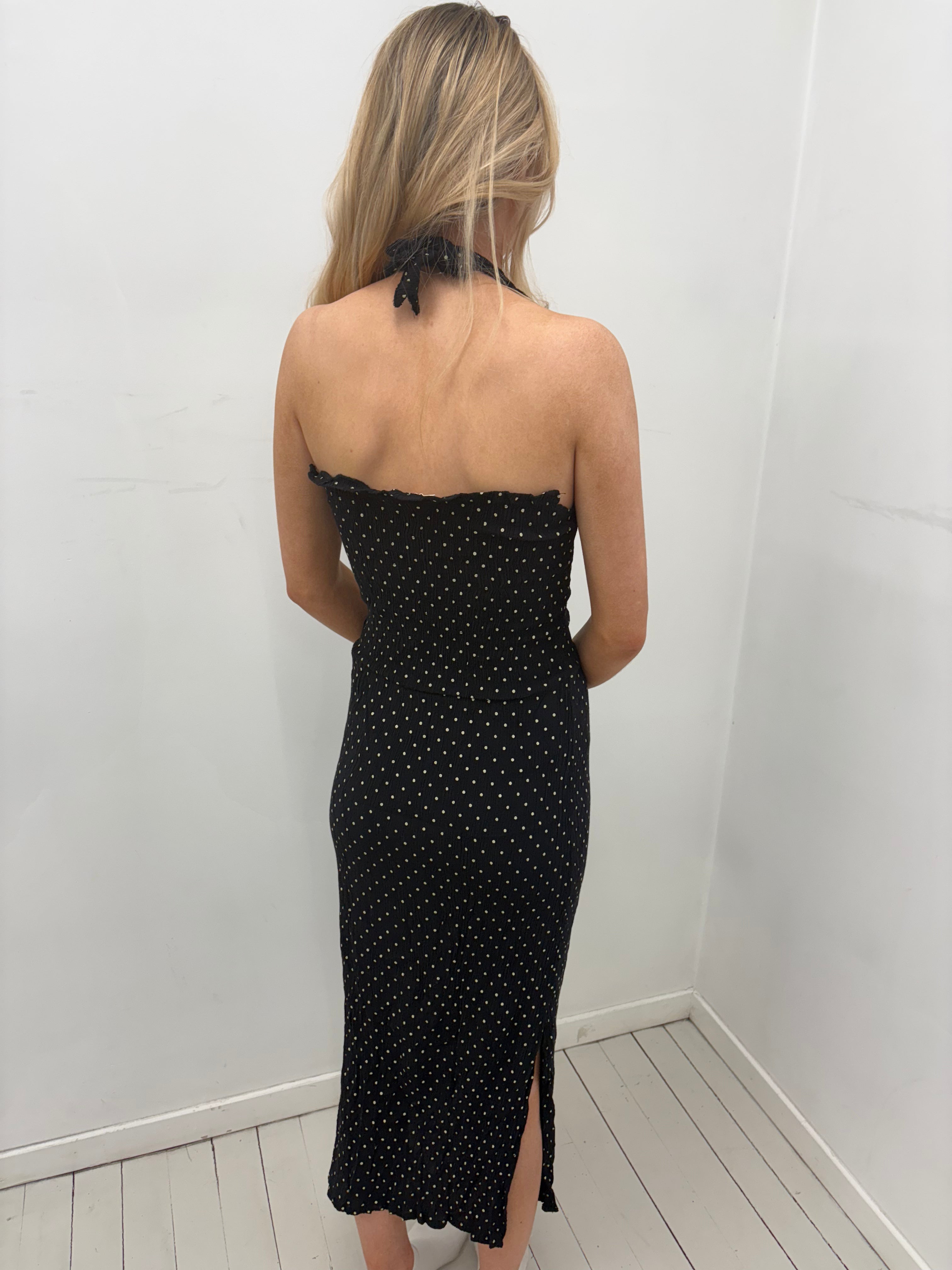 Black Polkadot Halter Y2K Midi Dress