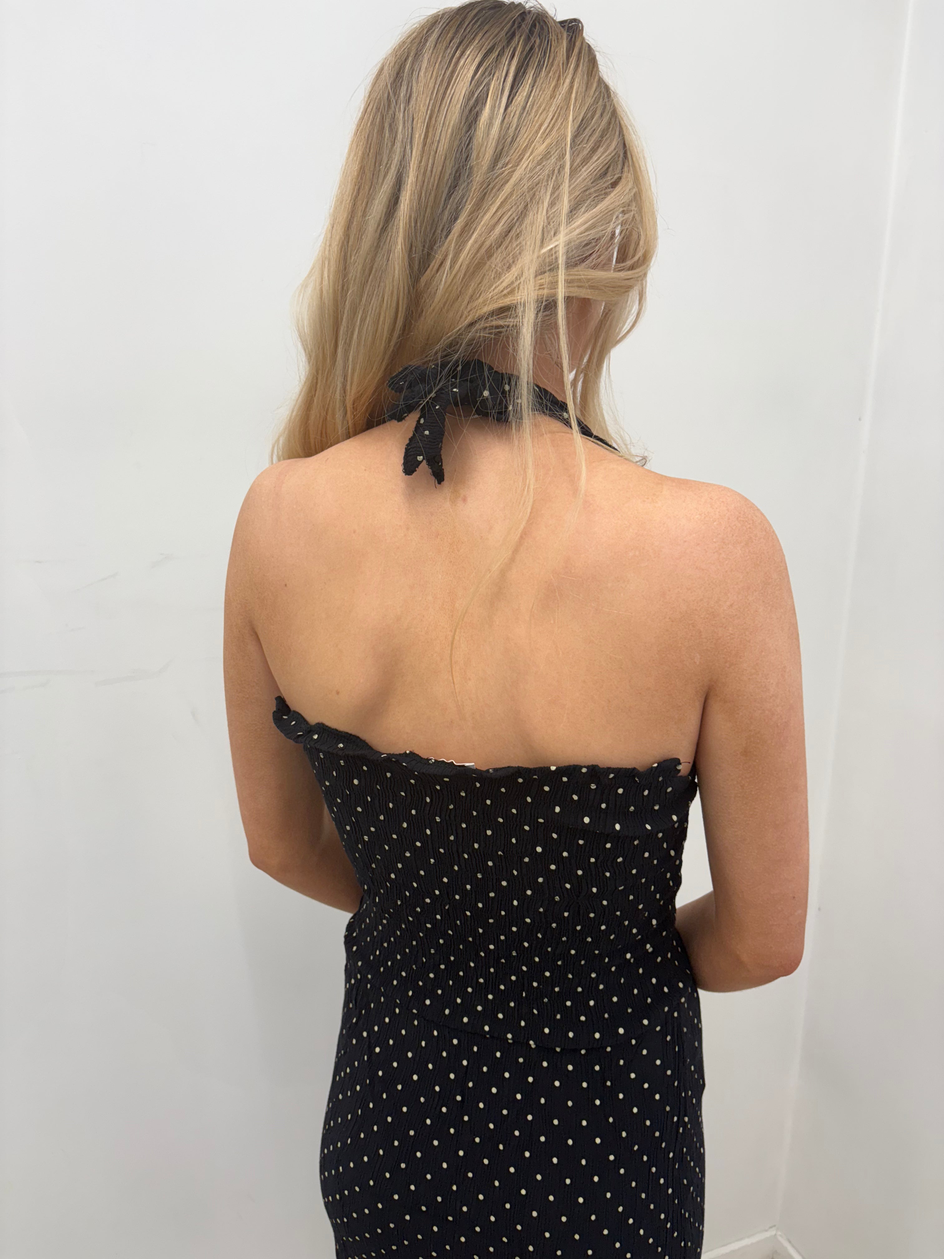 Black Polkadot Halter Y2K Midi Dress