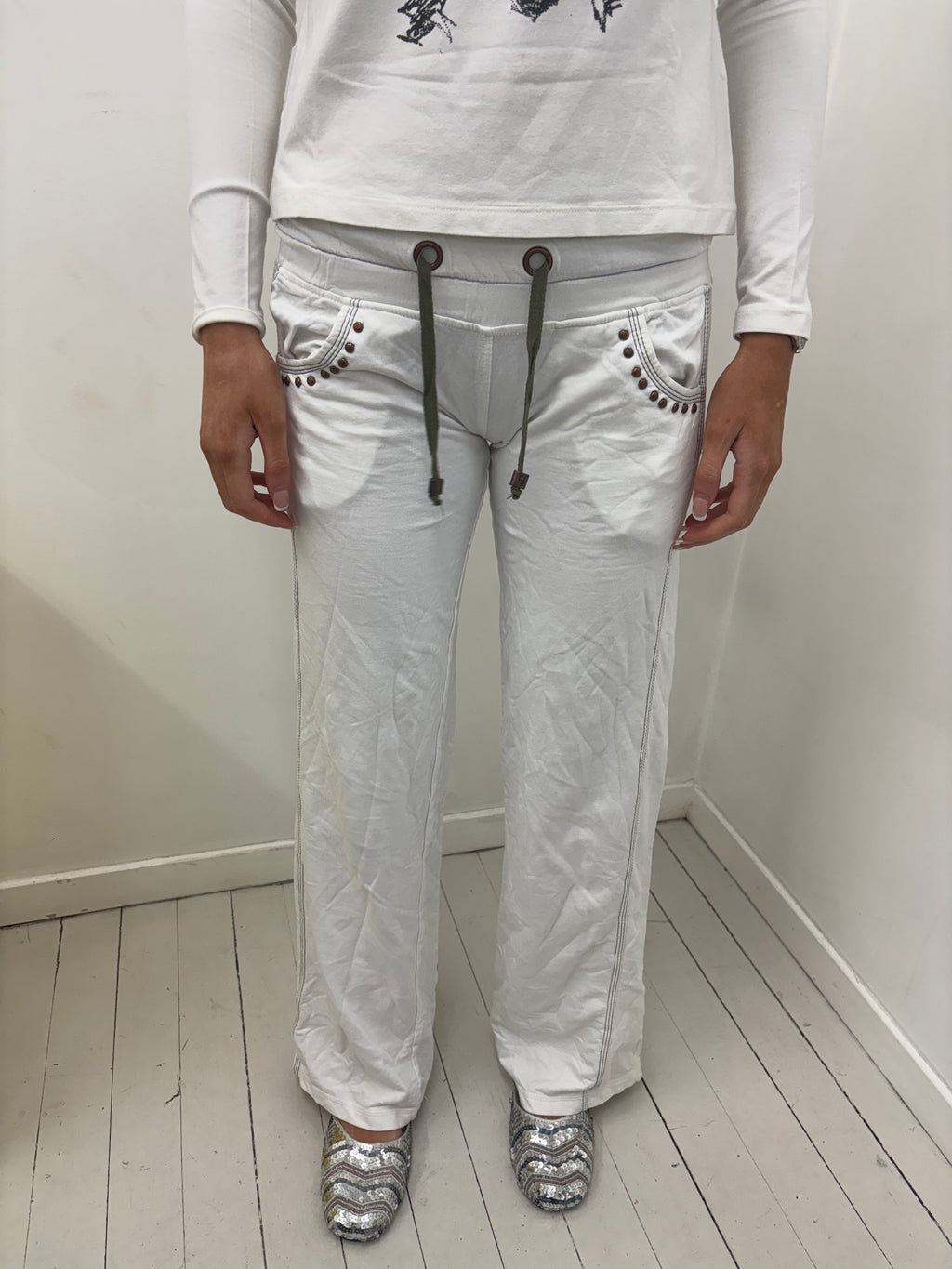 White Studded Drawstring Sweatpants