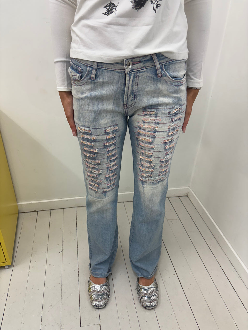Light Wash Distressed Sequin Slash Straight Jeans Y2K