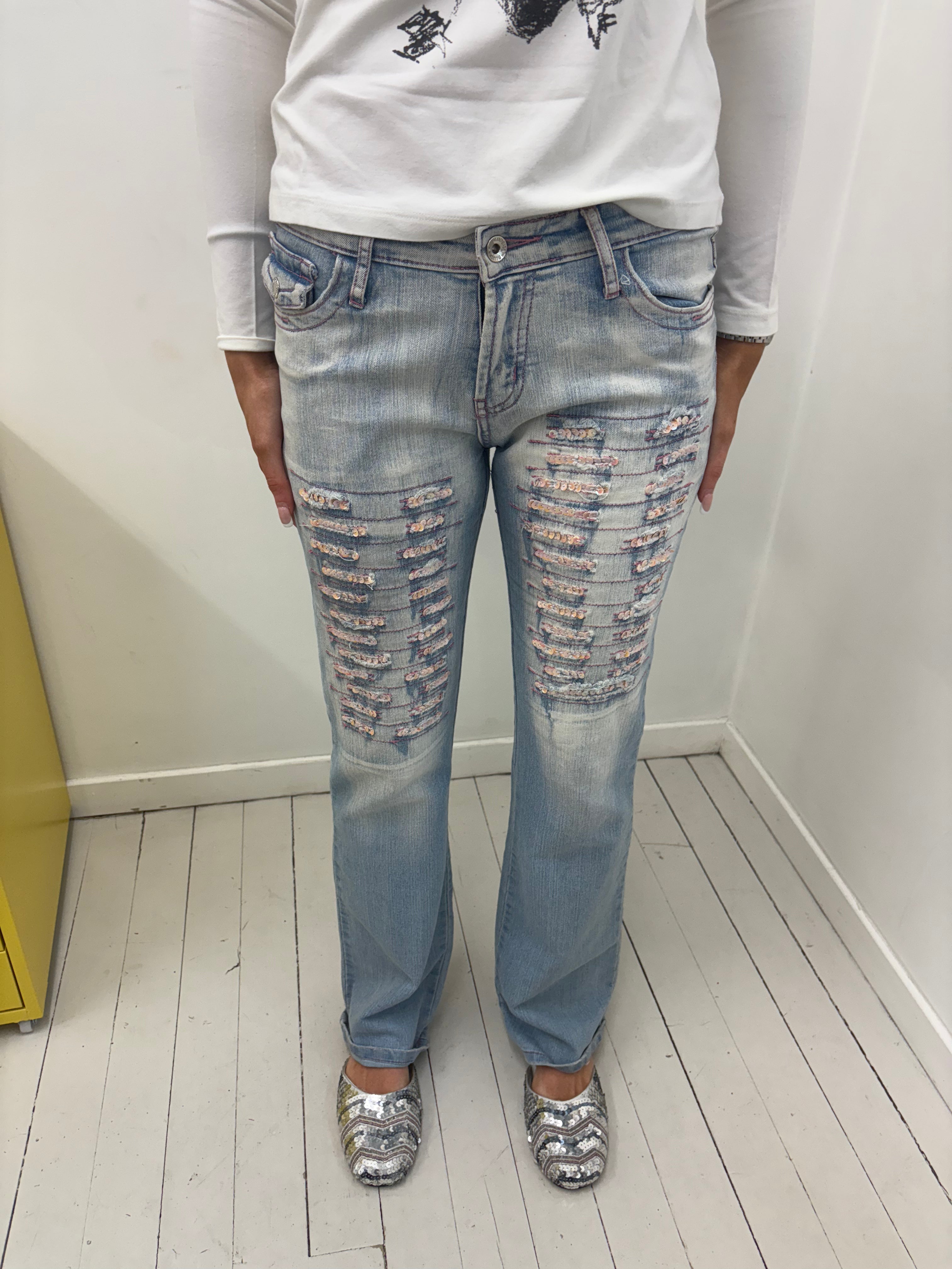 Light Wash Distressed Sequin Slash Straight Jeans Y2K