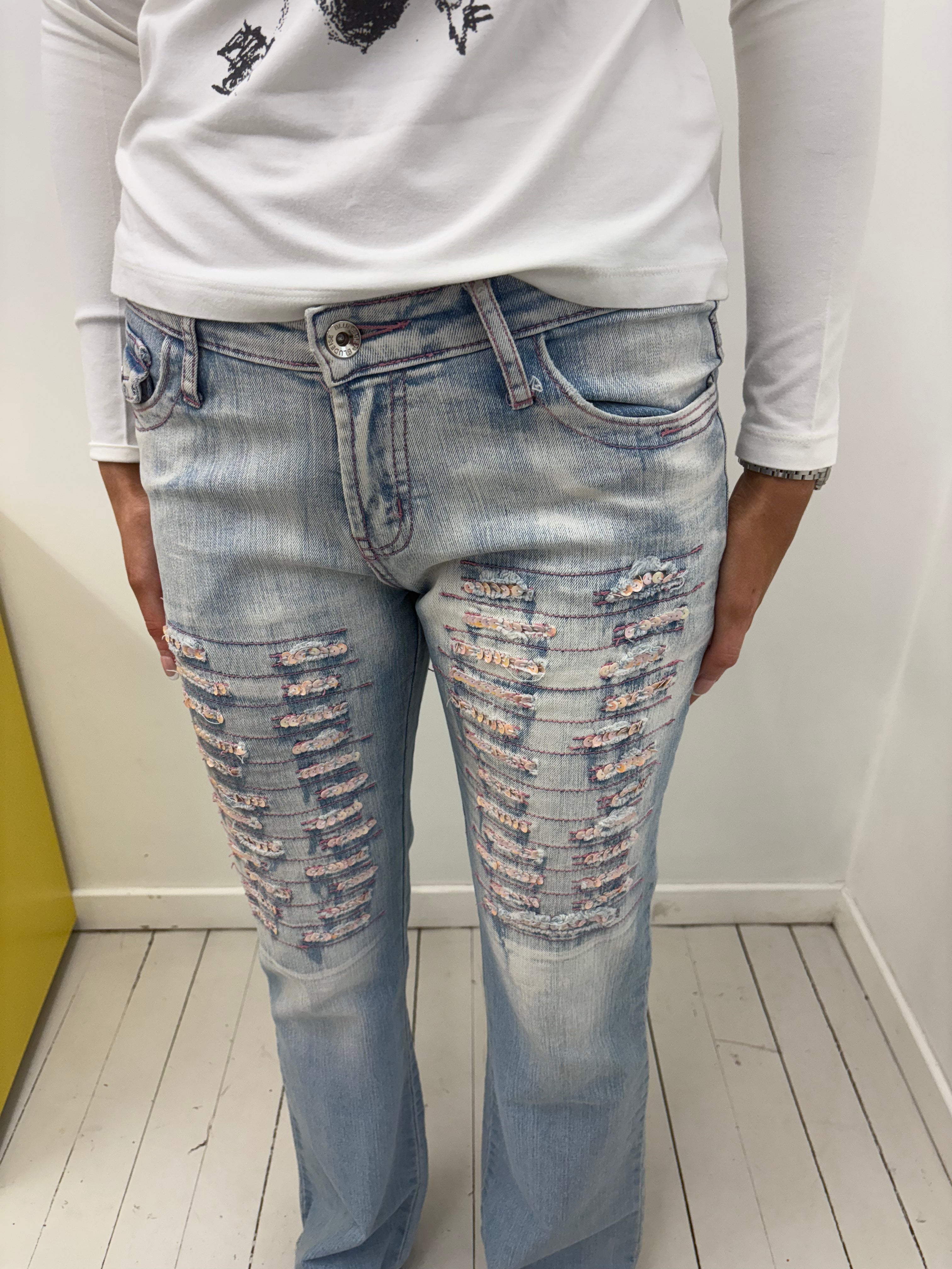 Light Wash Distressed Sequin Slash Straight Jeans Y2K