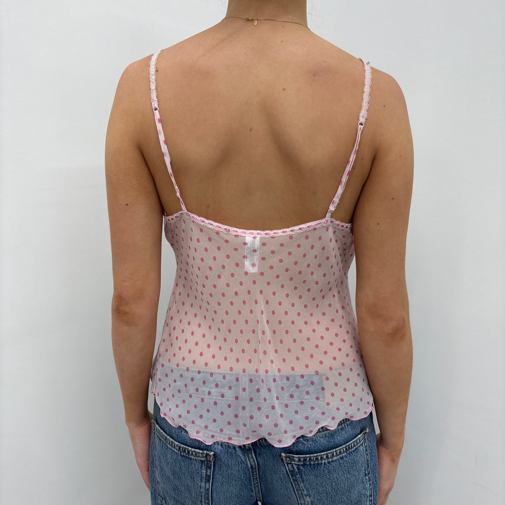 Pink Sheer Polkadot Camisole with Lace Trim