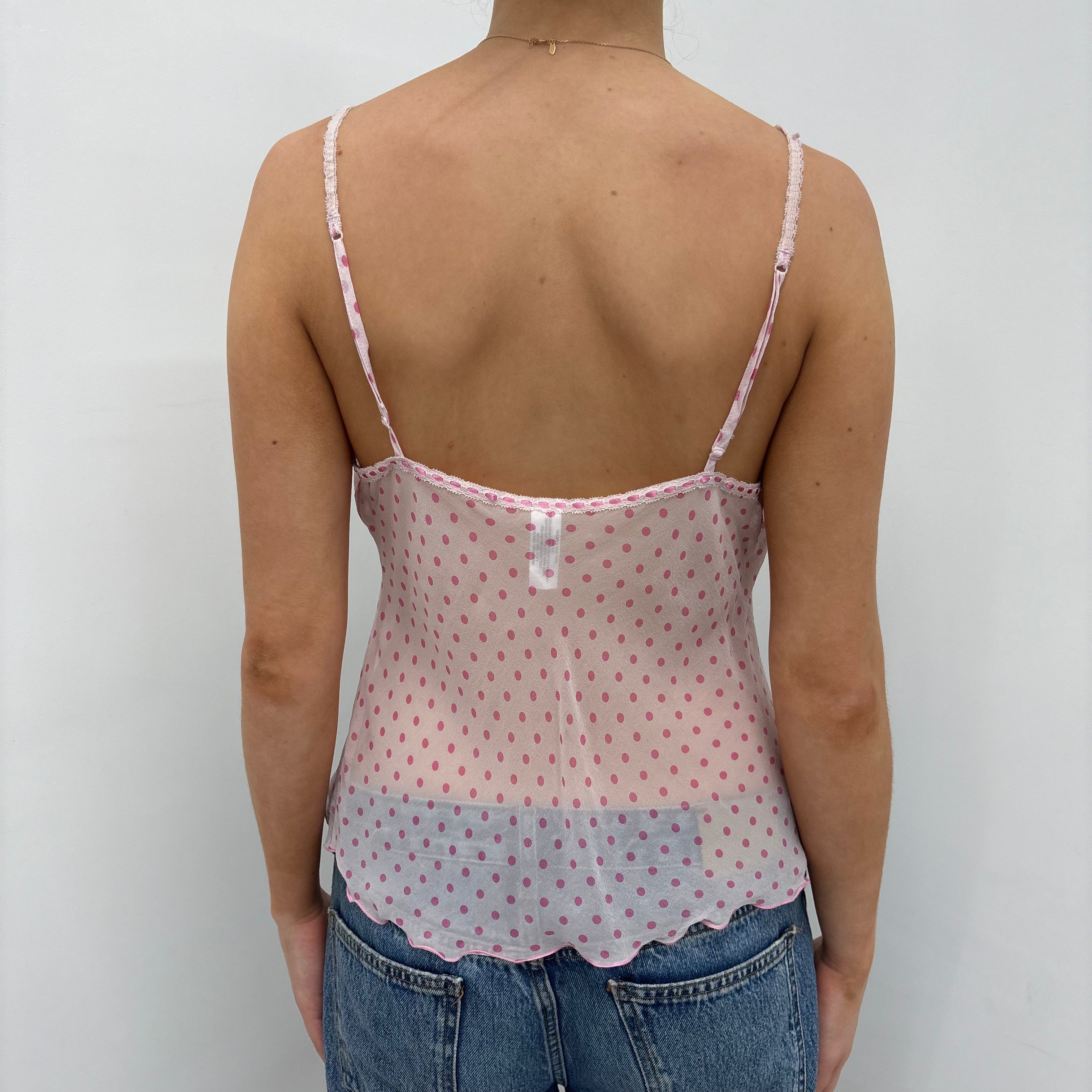 Pink Sheer Polkadot Camisole with Lace Trim