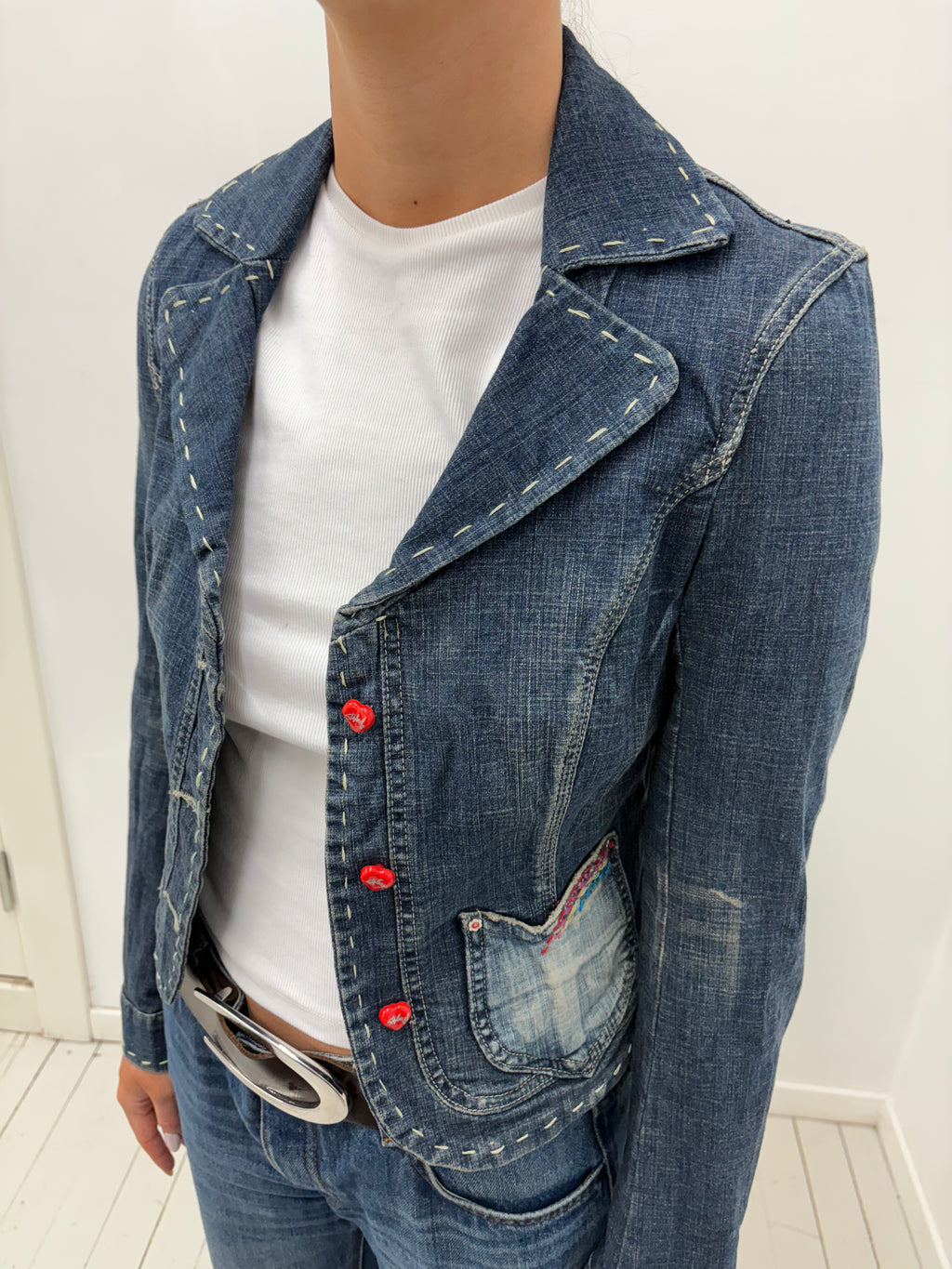 Y2K Dark Wash Denim Jacket with Contrast Stitching