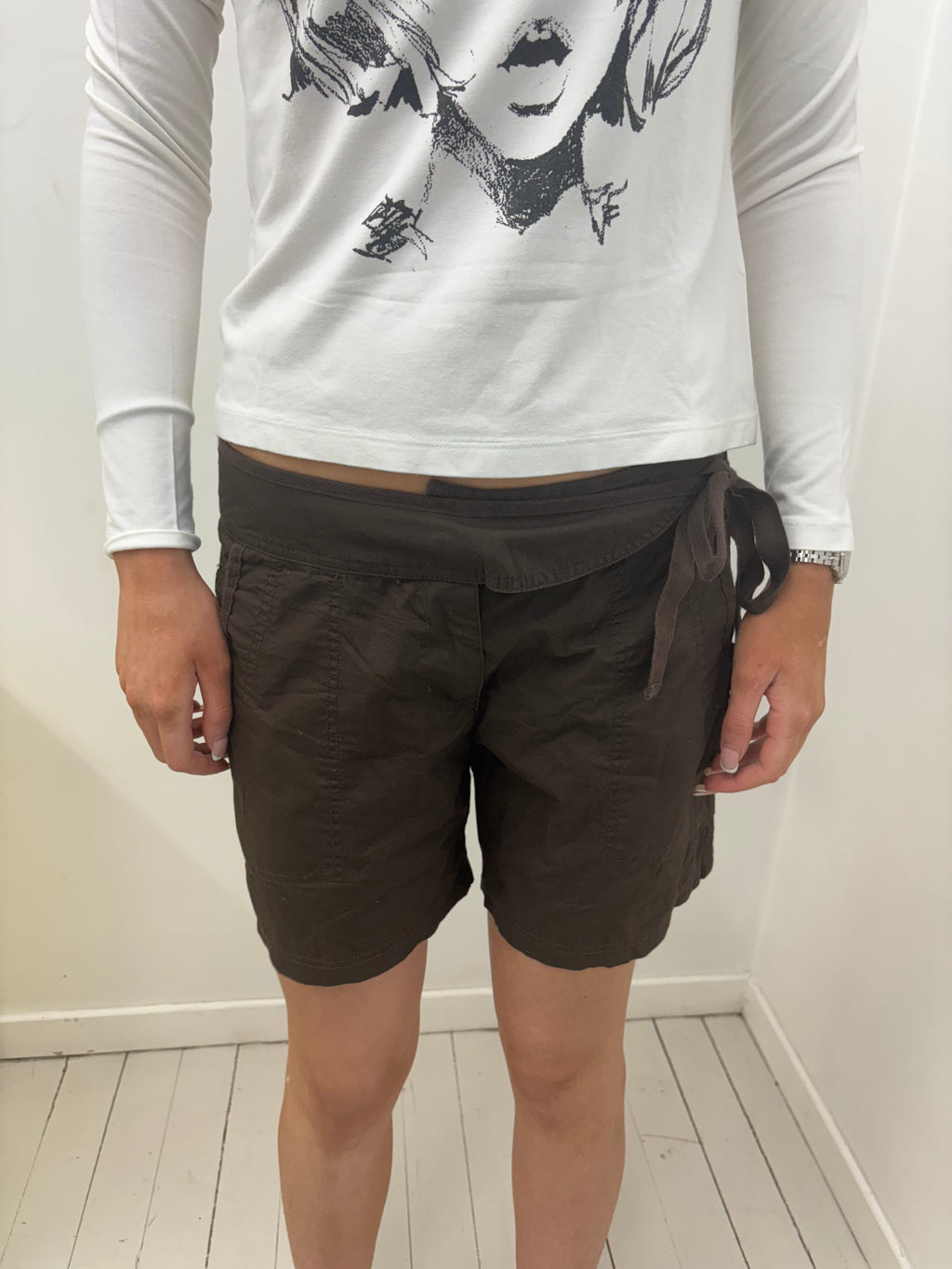 Brown Low-Rise Cargo Shorts with Tie Detail