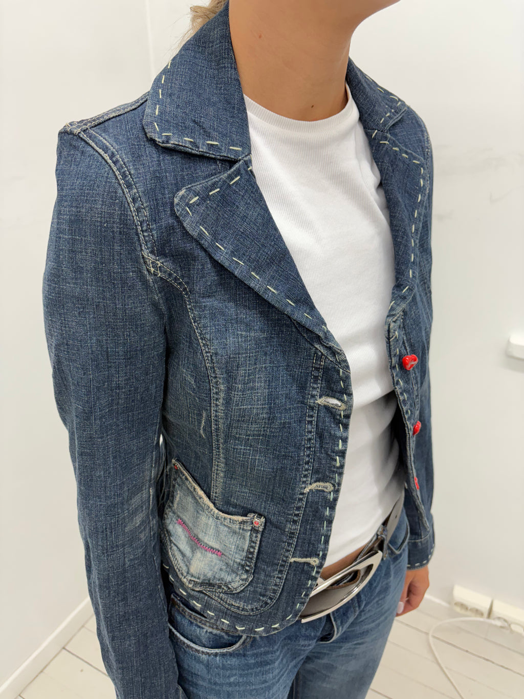 Y2K Dark Wash Denim Jacket with Contrast Stitching