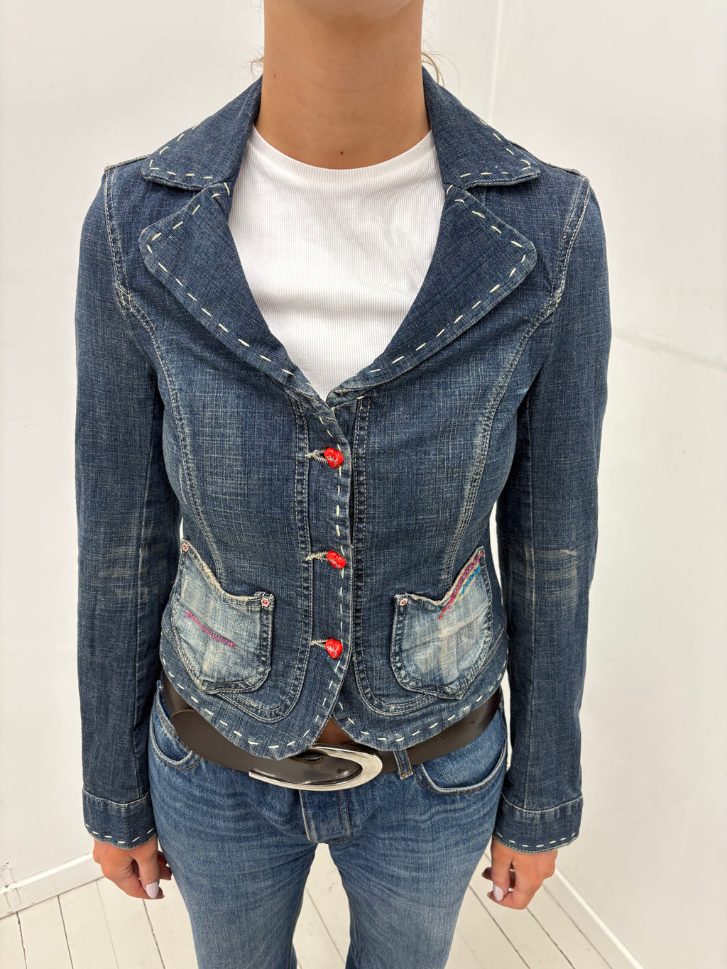 Y2K Dark Wash Denim Jacket with Contrast Stitching