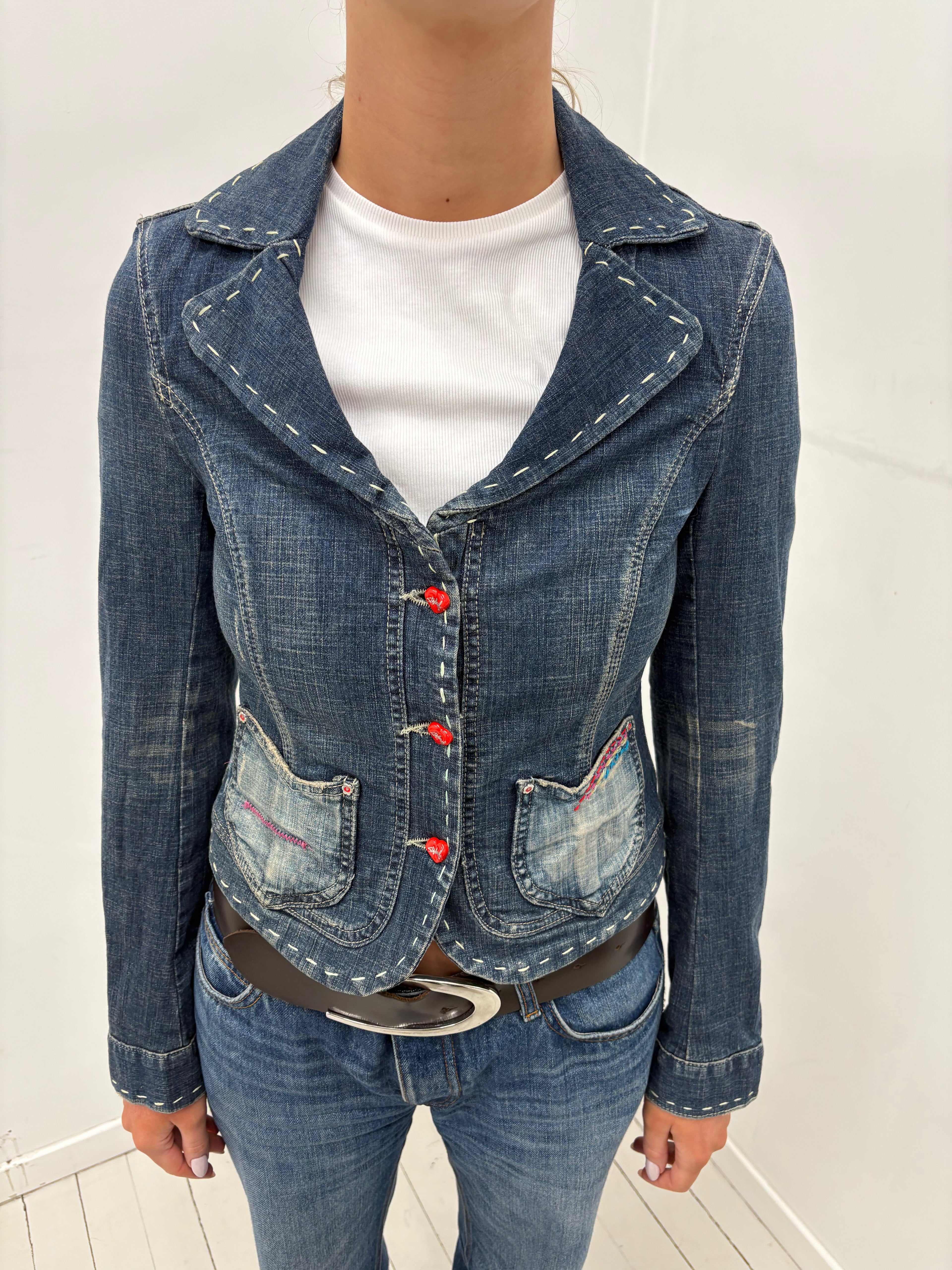 Y2K Dark Wash Denim Jacket with Contrast Stitching
