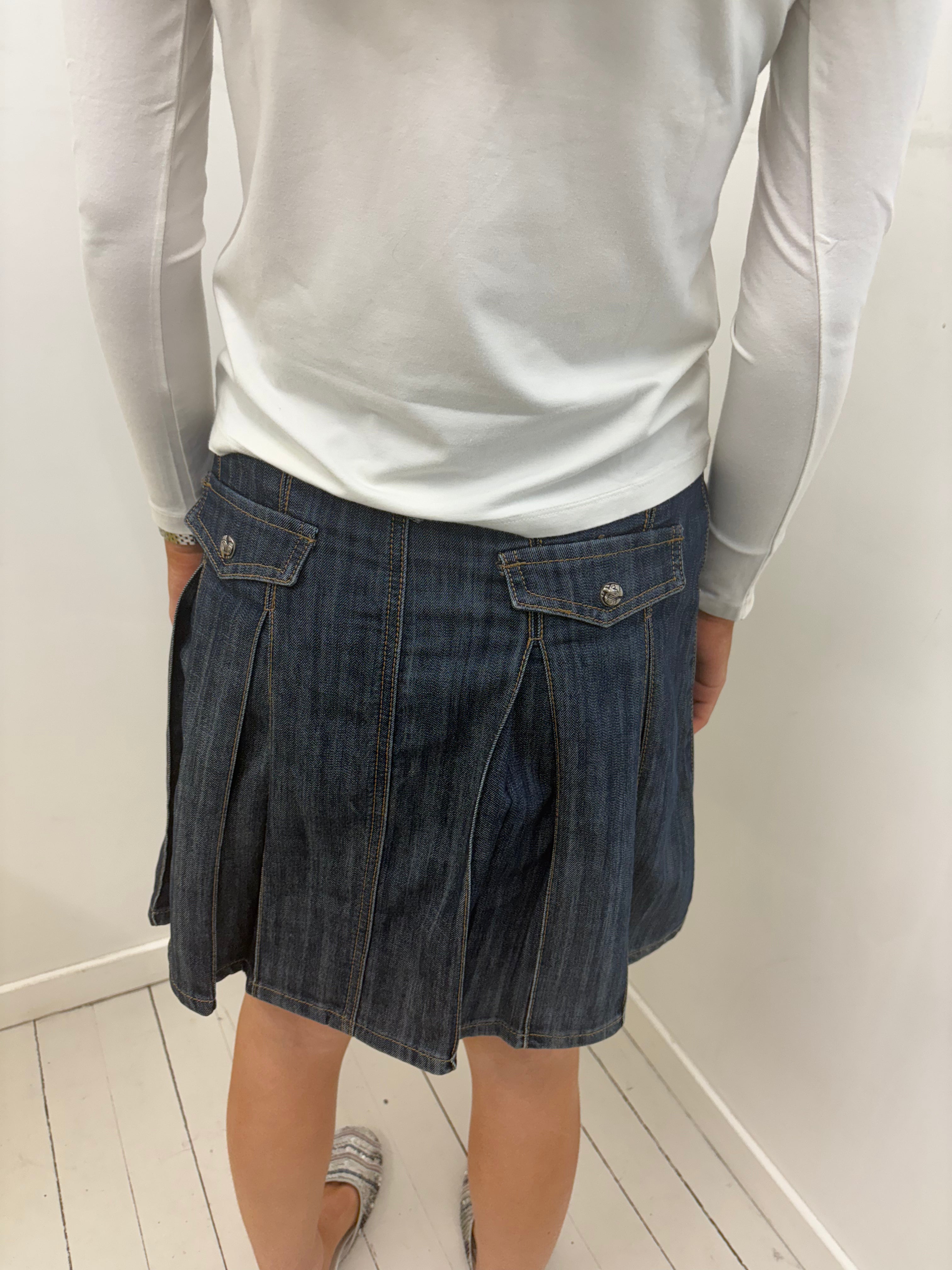 Pleated Dark Denim Midi Skirt with Pockets