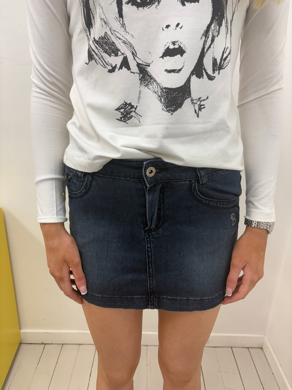 Dark Wash Denim Mini Skirt with Rhinestone Detail