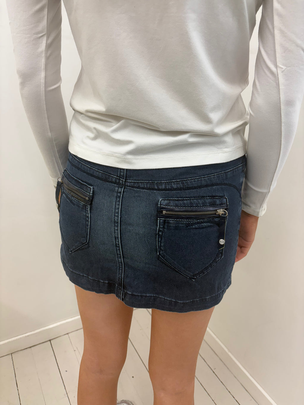 Dark Wash Denim Mini Skirt with Rhinestone Detail