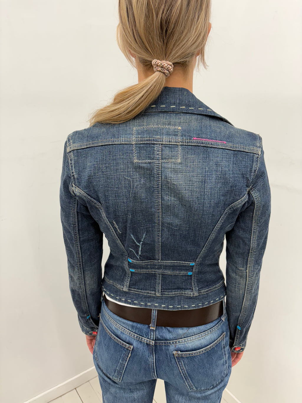 Y2K Dark Wash Denim Jacket with Contrast Stitching