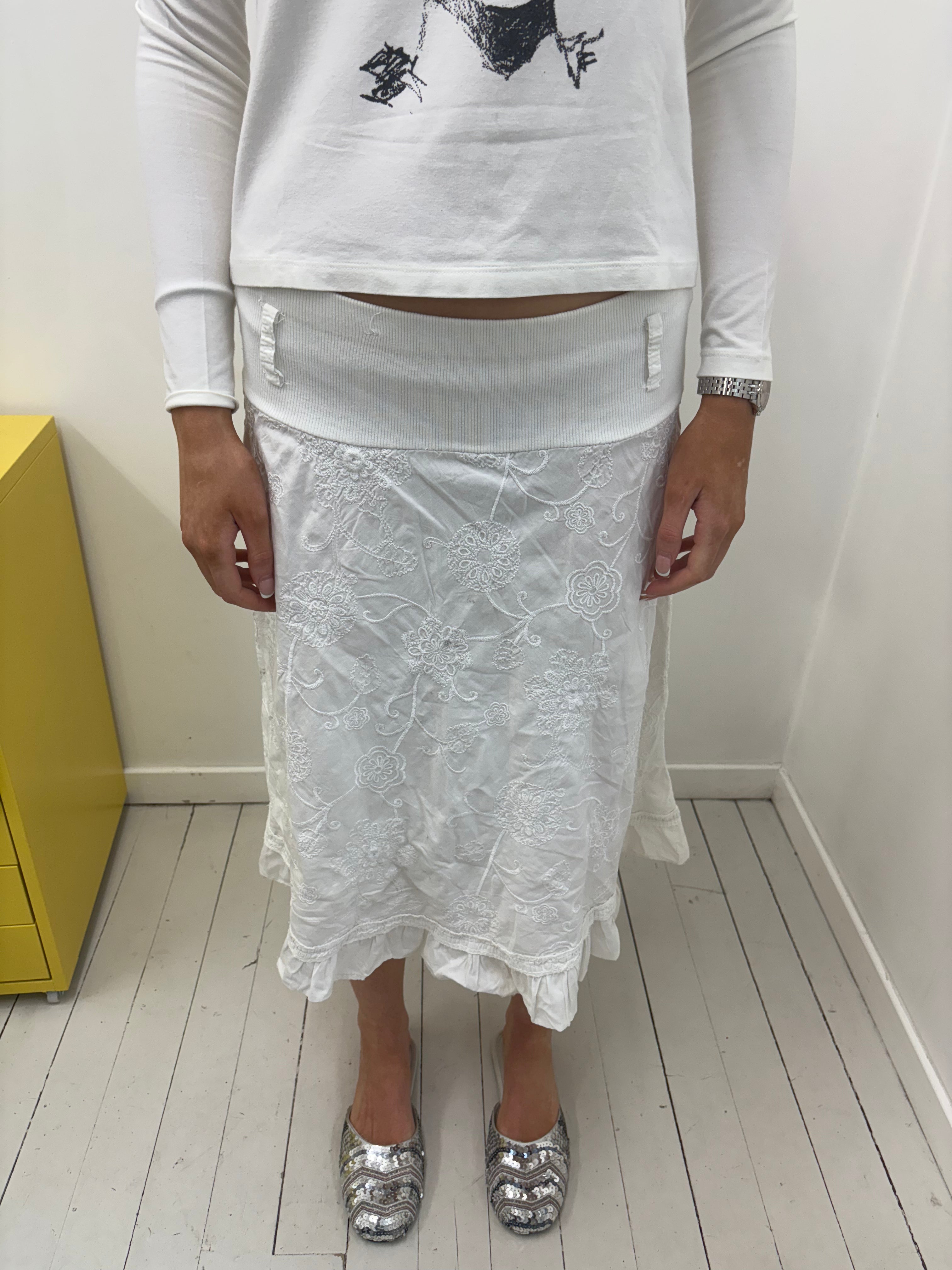 White Embroidered Maxi Skirt with Foldover Waist