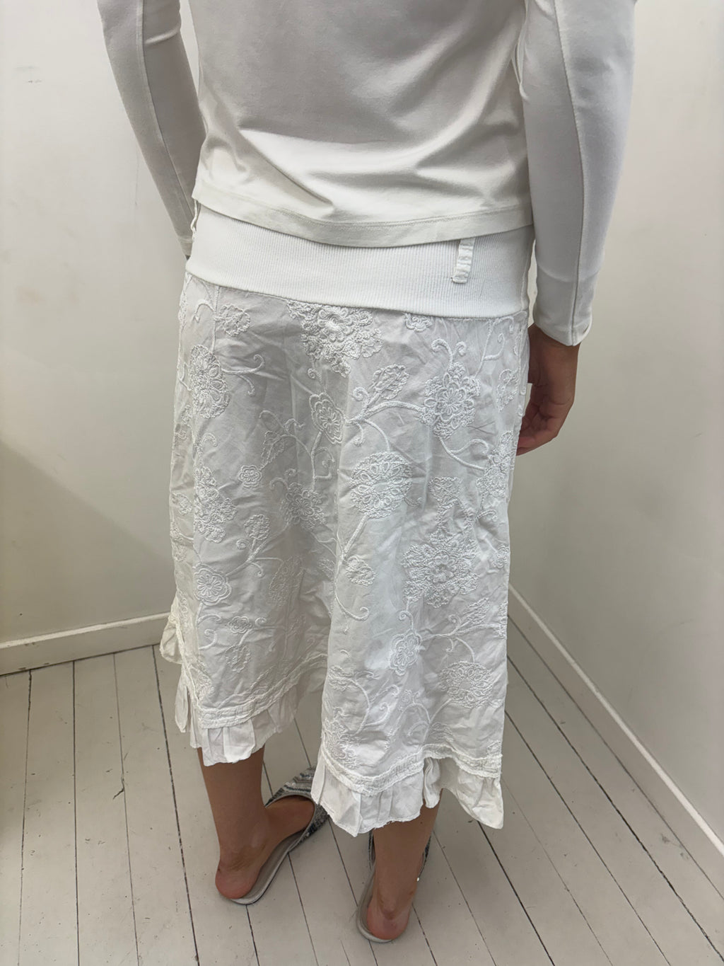 White Embroidered Maxi Skirt with Foldover Waist