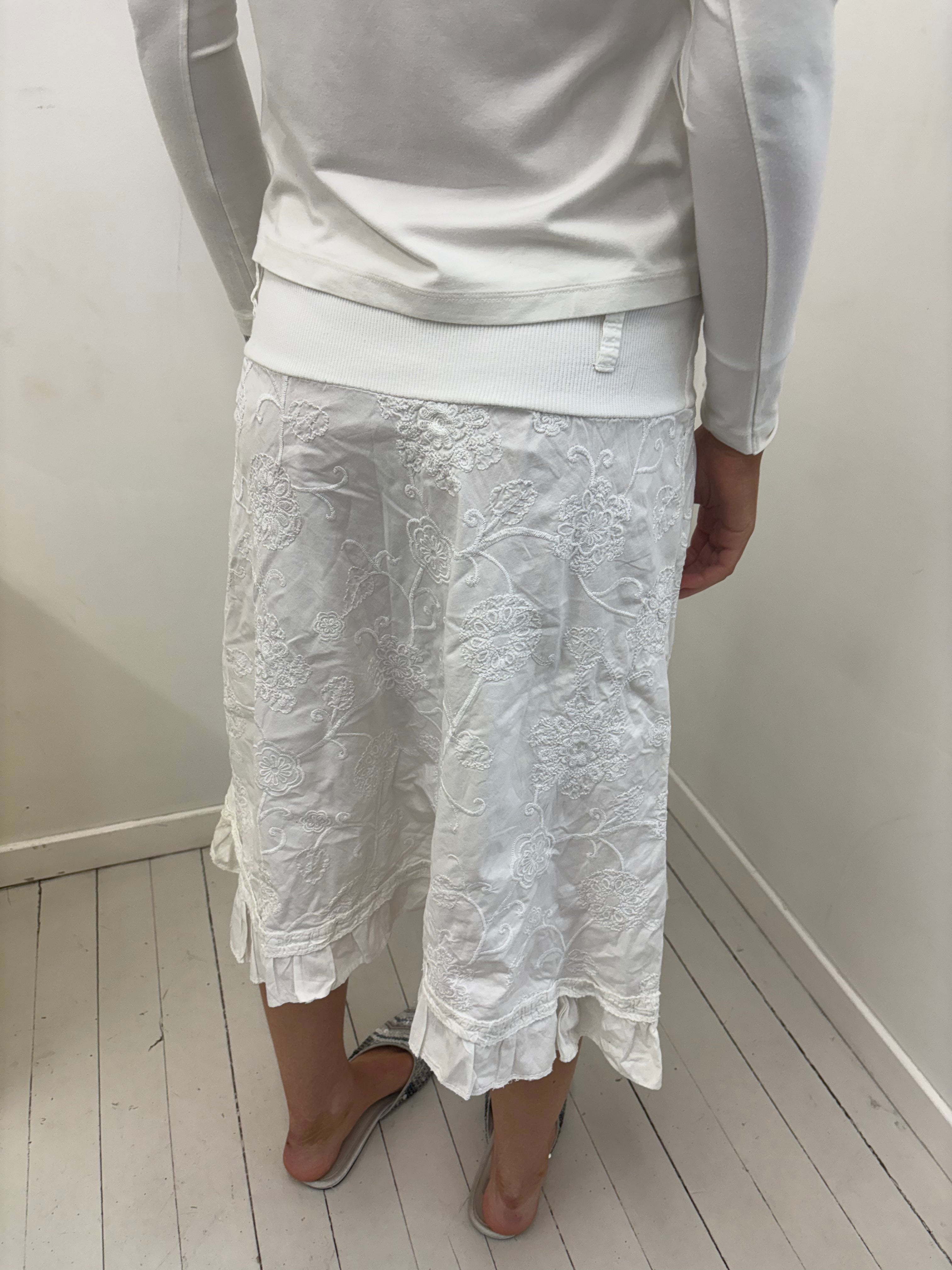 White Embroidered Maxi Skirt with Foldover Waist