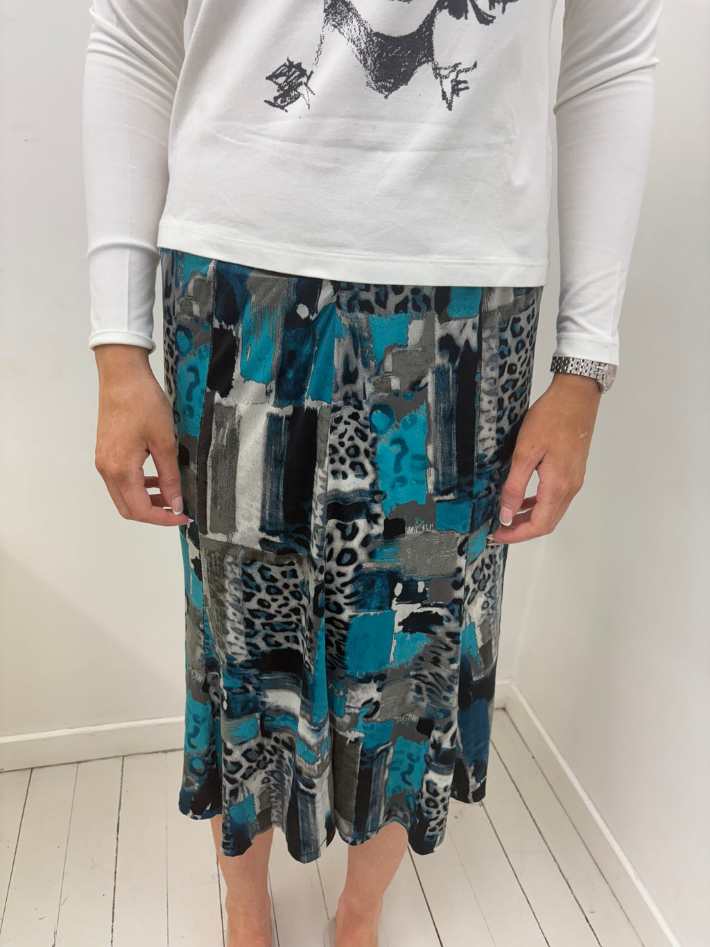 Teal Animal Print Patchwork Midi Skirt