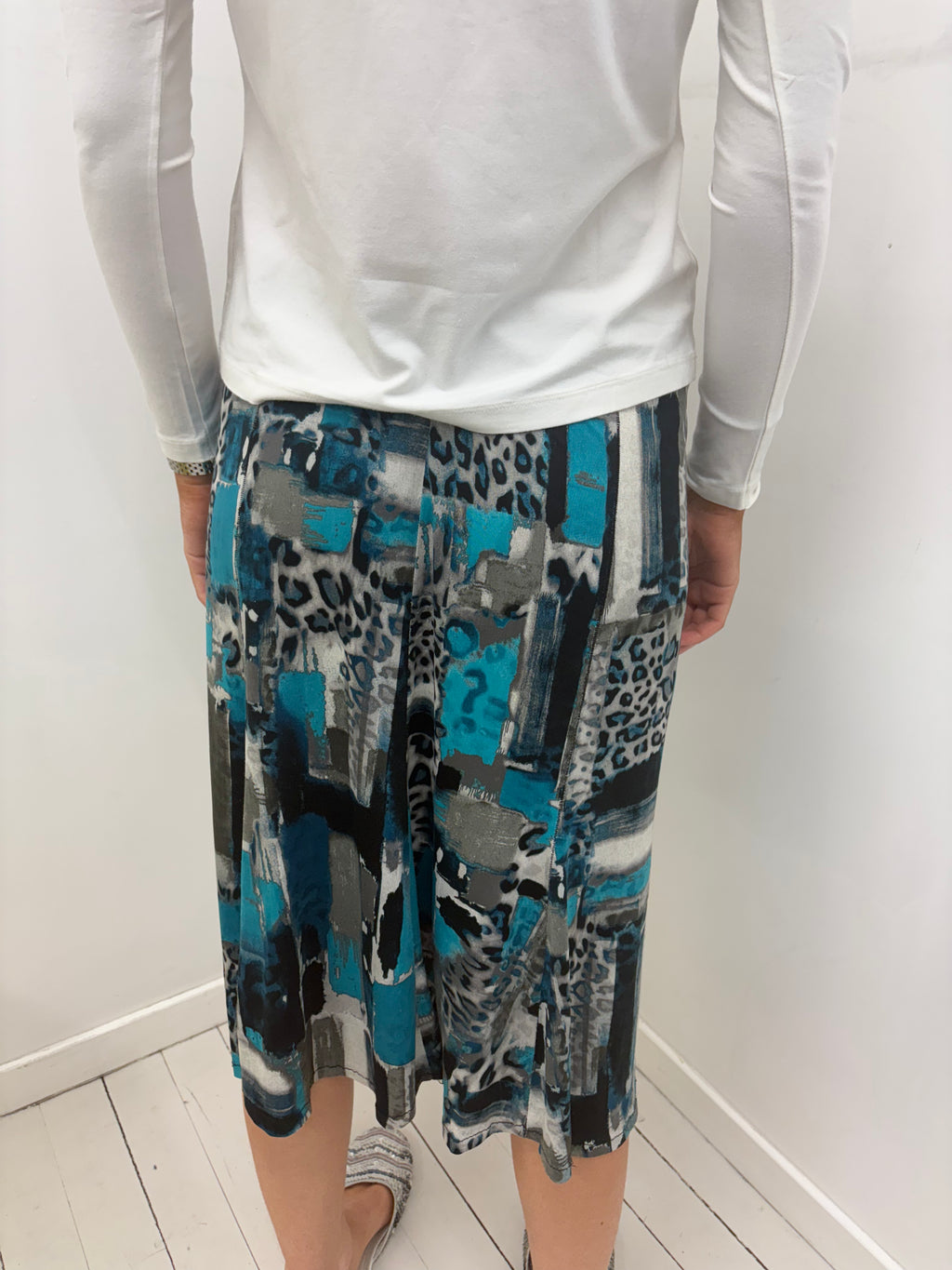 Teal Animal Print Patchwork Midi Skirt