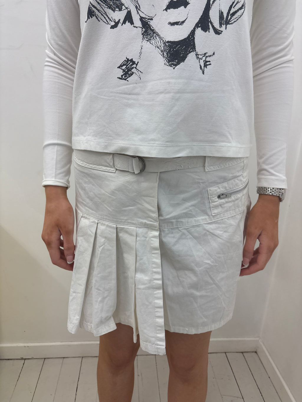 White Utility Skirt with Buckle Belt and Pleats