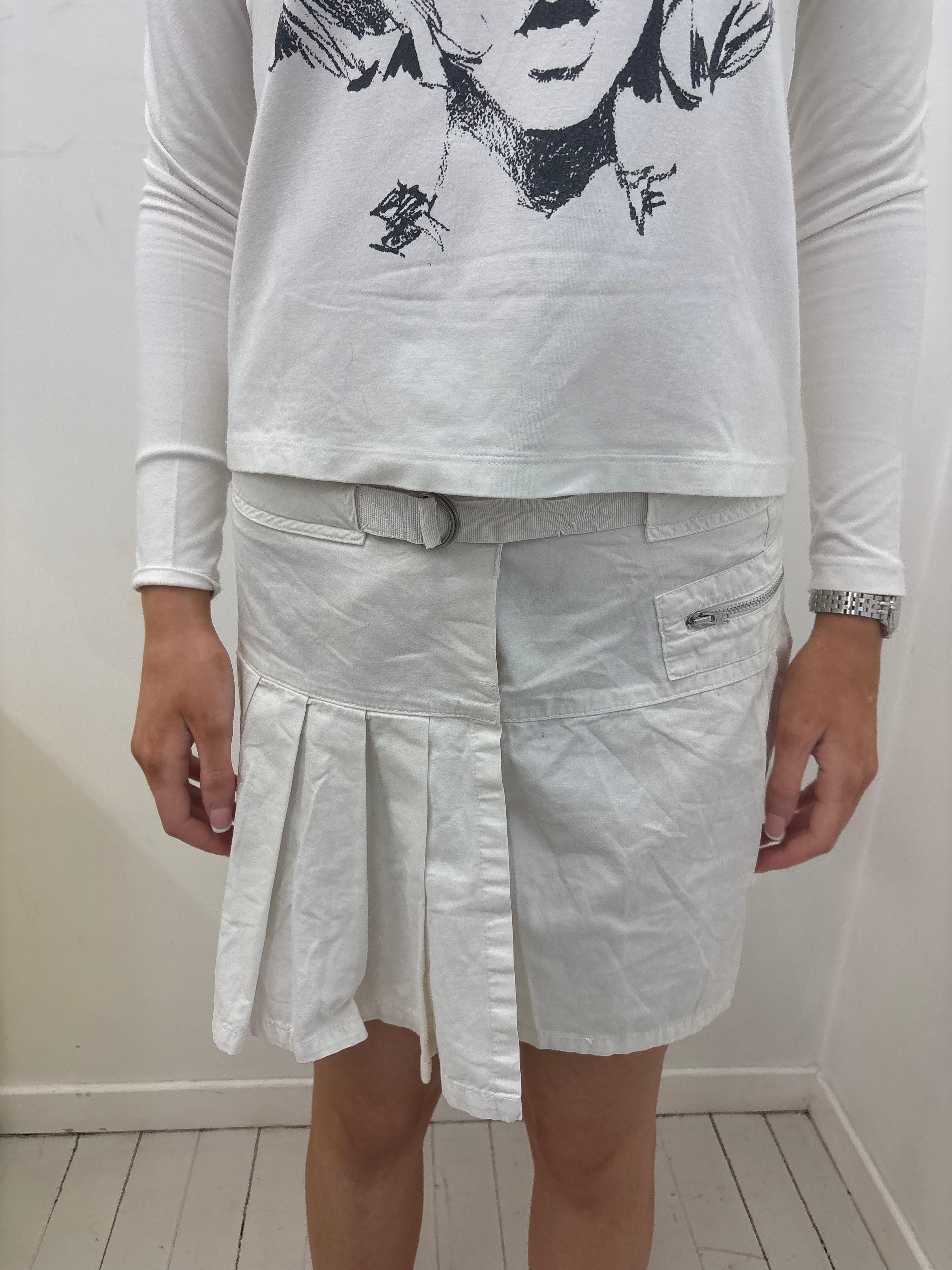 White Utility Skirt with Buckle Belt and Pleats
