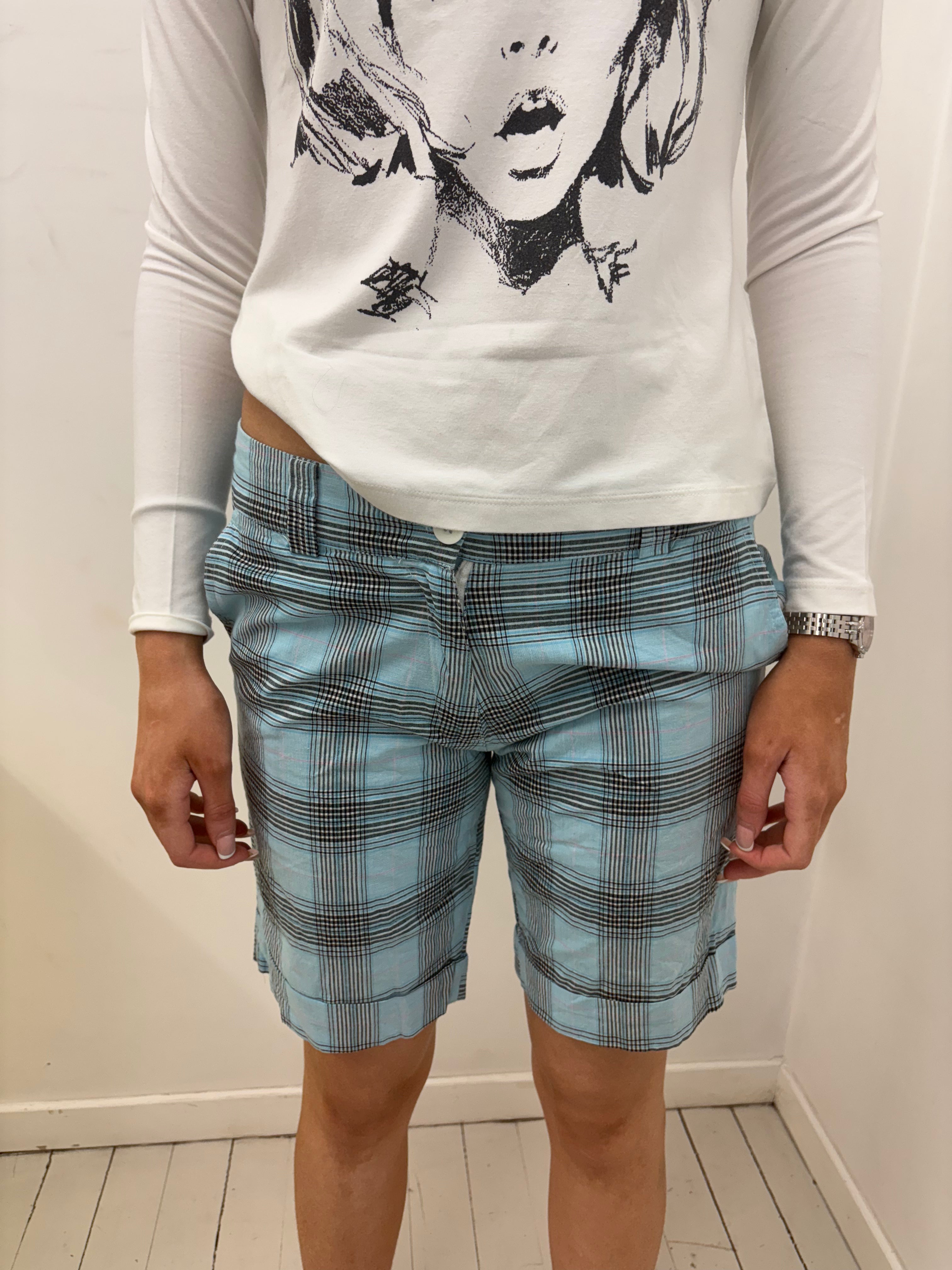 Light Blue Plaid Bermuda Shorts with Cuffed Hem