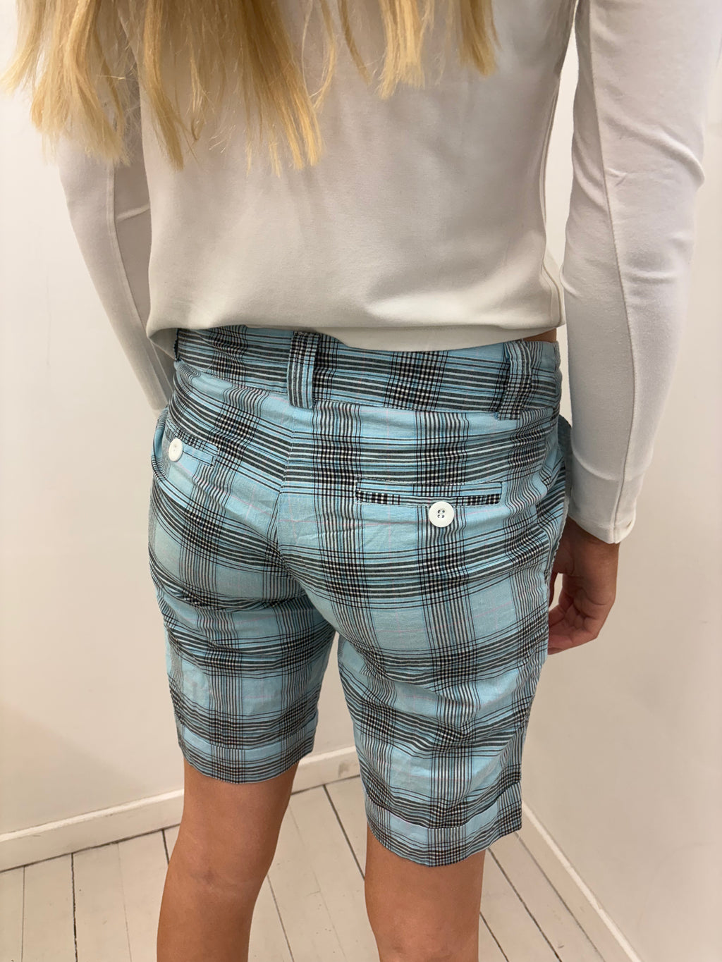 Light Blue Plaid Bermuda Shorts with Cuffed Hem
