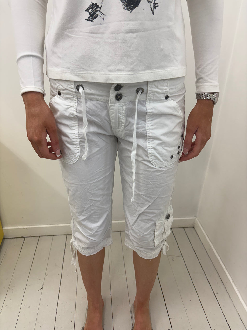 White Cargo Capri Pants with Drawstring Detail