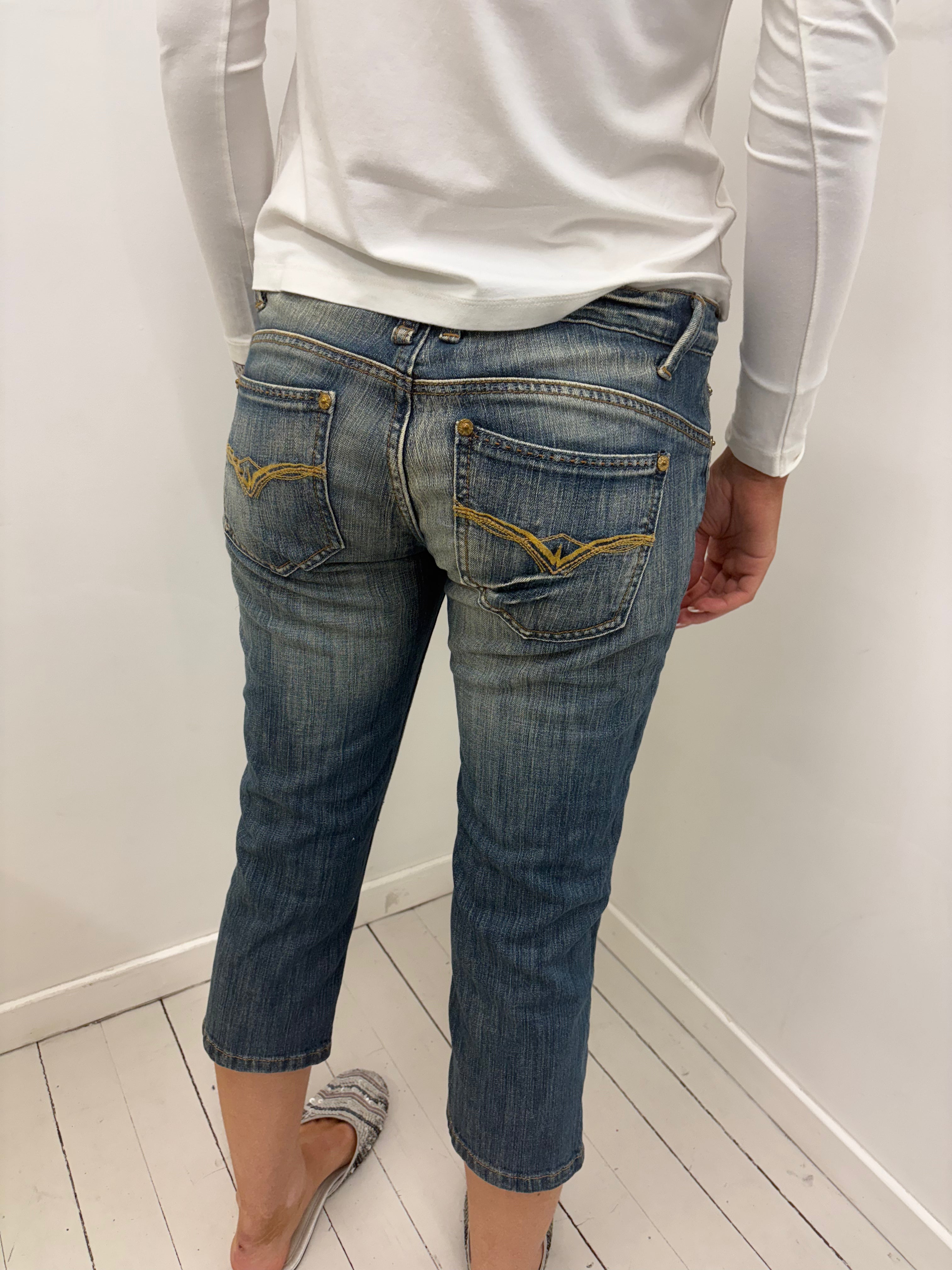 Distressed Denim Capri Jeans with Whiskered Wash
