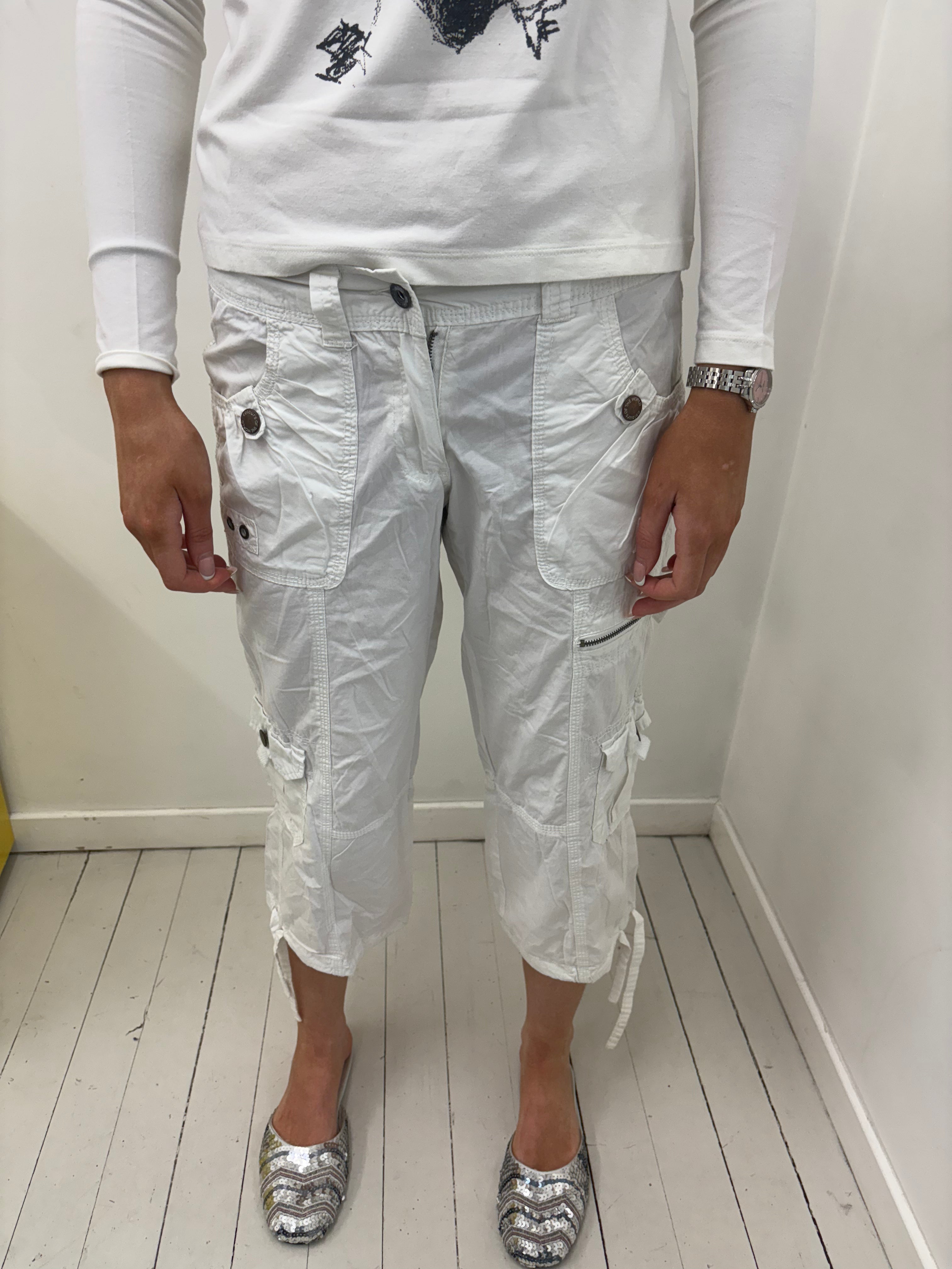 White Cargo Capri Pants with Multiple Pockets