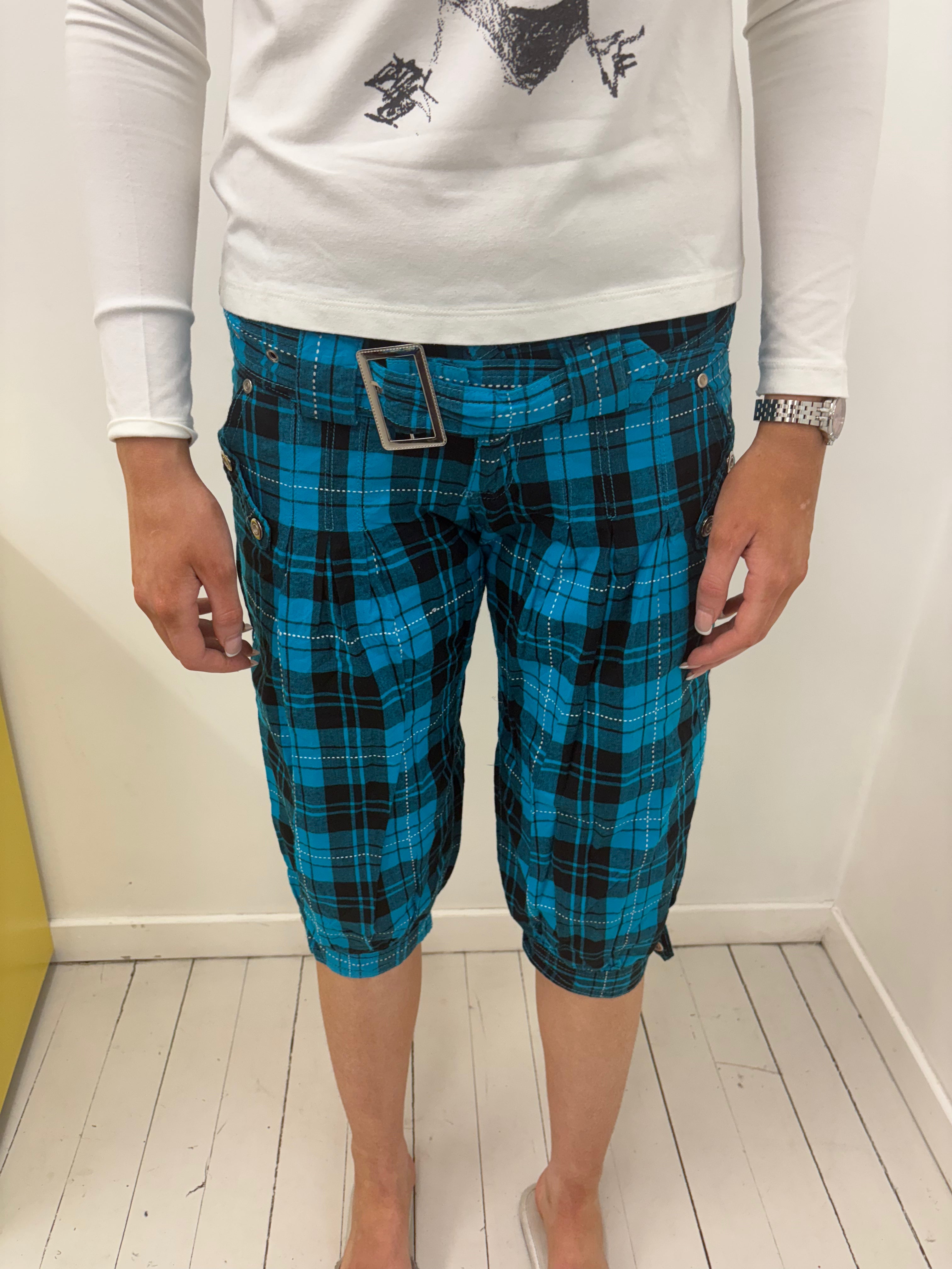 Blue Plaid Cargo Capris with Buckle Belt Detail